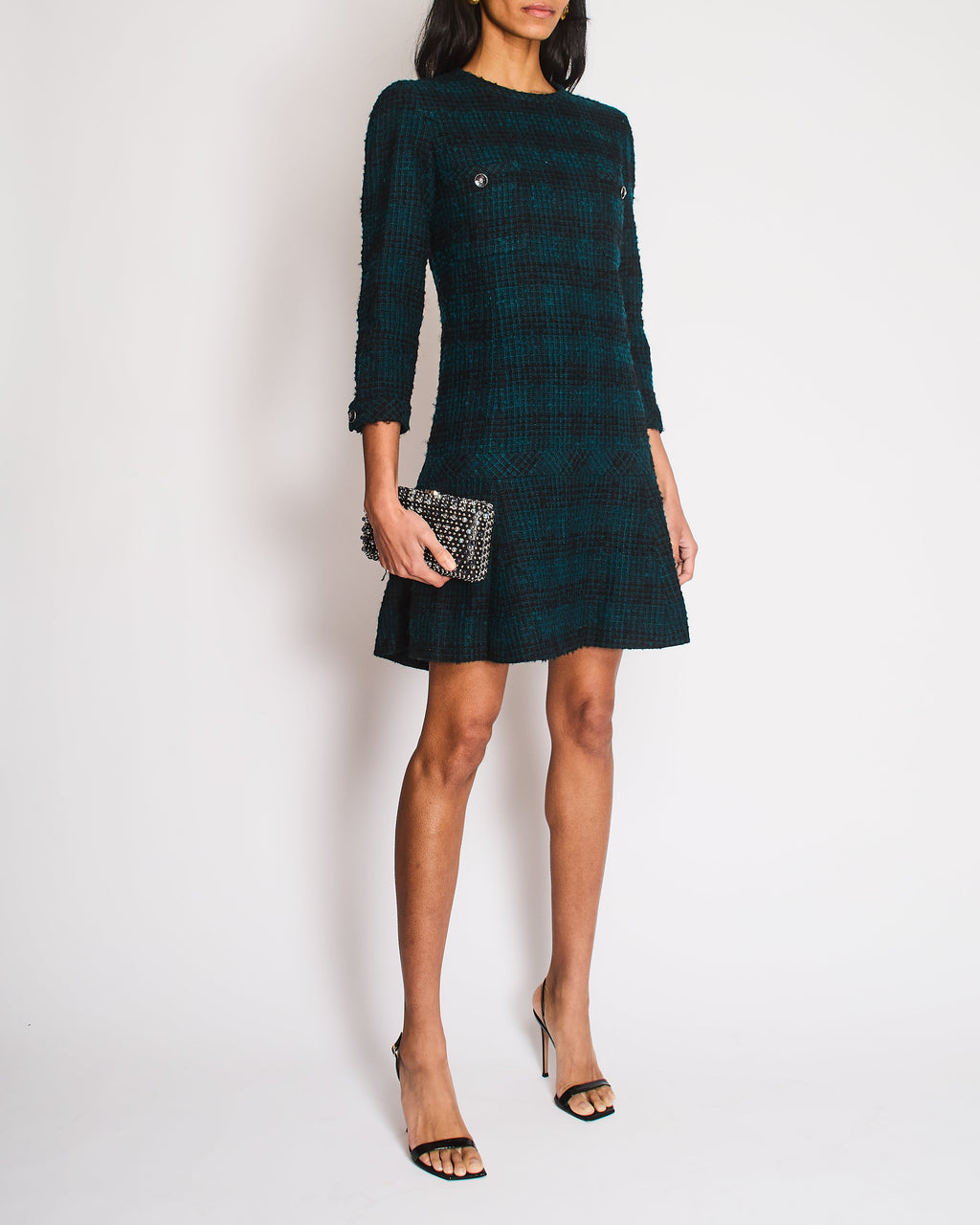 Chanel Navy, Green Check Tweed Long-Sleeve Dress Size FR 36 (UK 8)