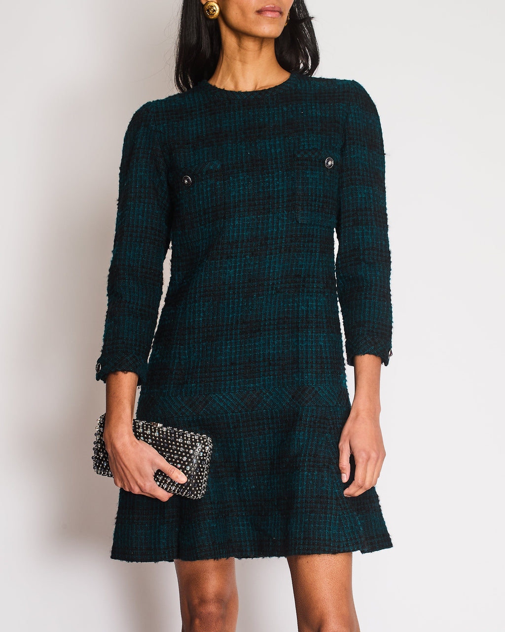 Chanel Navy, Green Check Tweed Long-Sleeve Dress Size FR 36 (UK 8)
