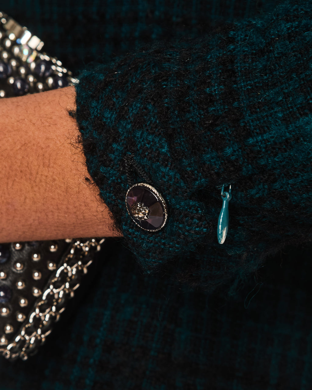 Chanel Navy, Green Check Tweed Long-Sleeve Dress Size FR 36 (UK 8)