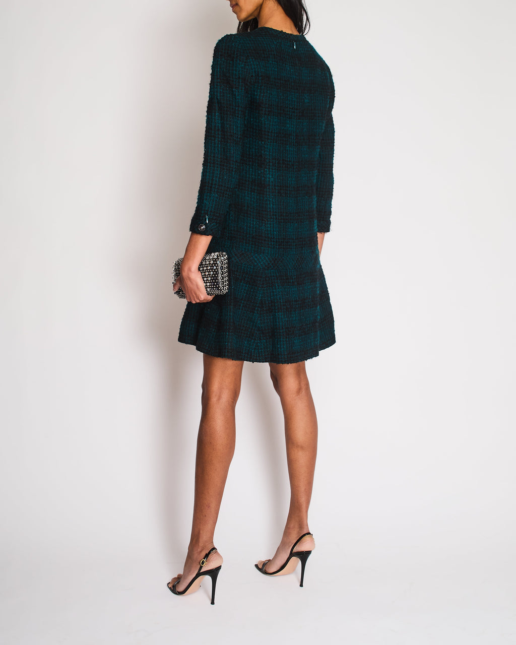 Chanel Navy, Green Check Tweed Long-Sleeve Dress Size FR 36 (UK 8)