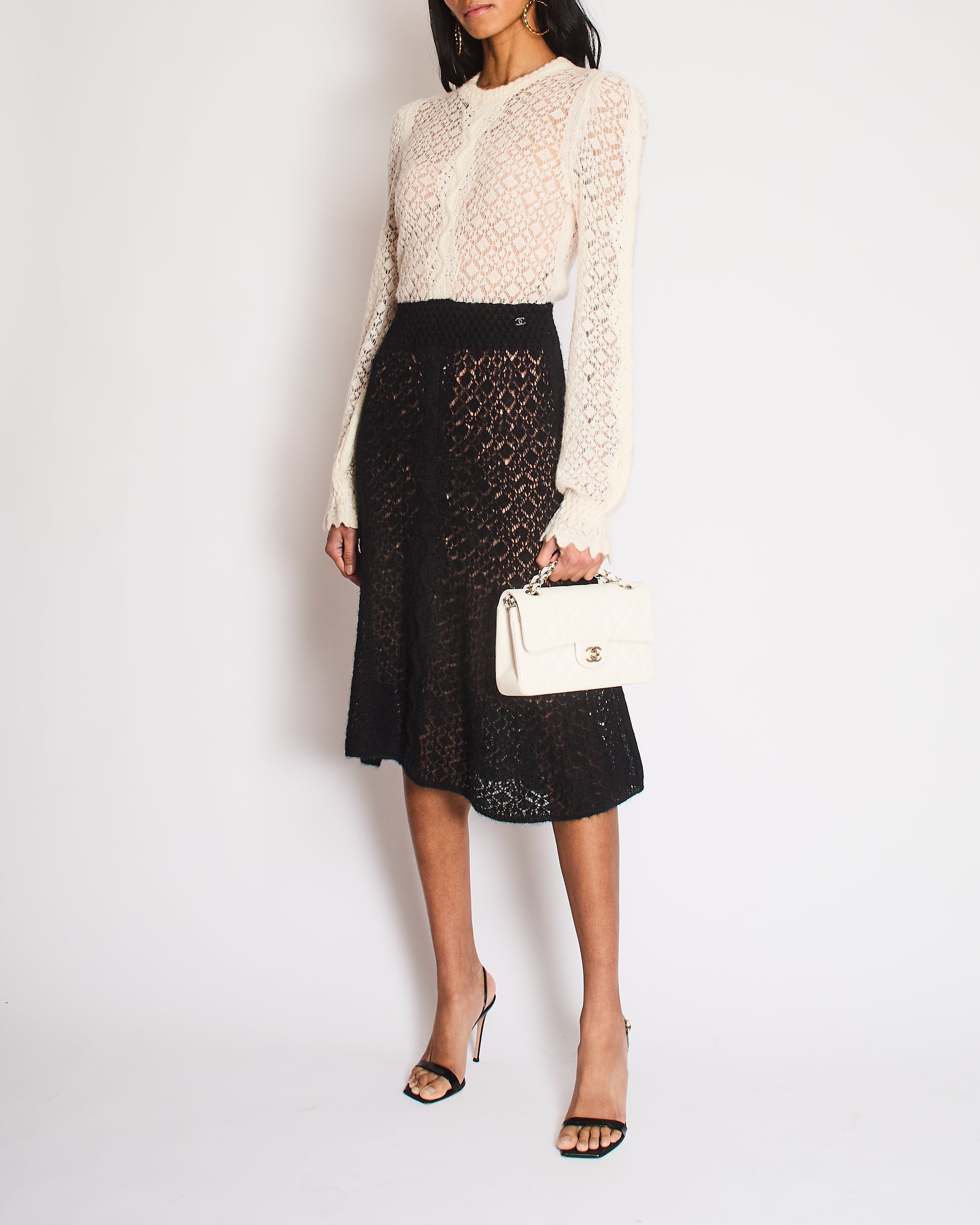 Chanel Black and Cream 23/B Crochet Knitted Long Sleeve Midi Dress Size FR 36 (UK 8)