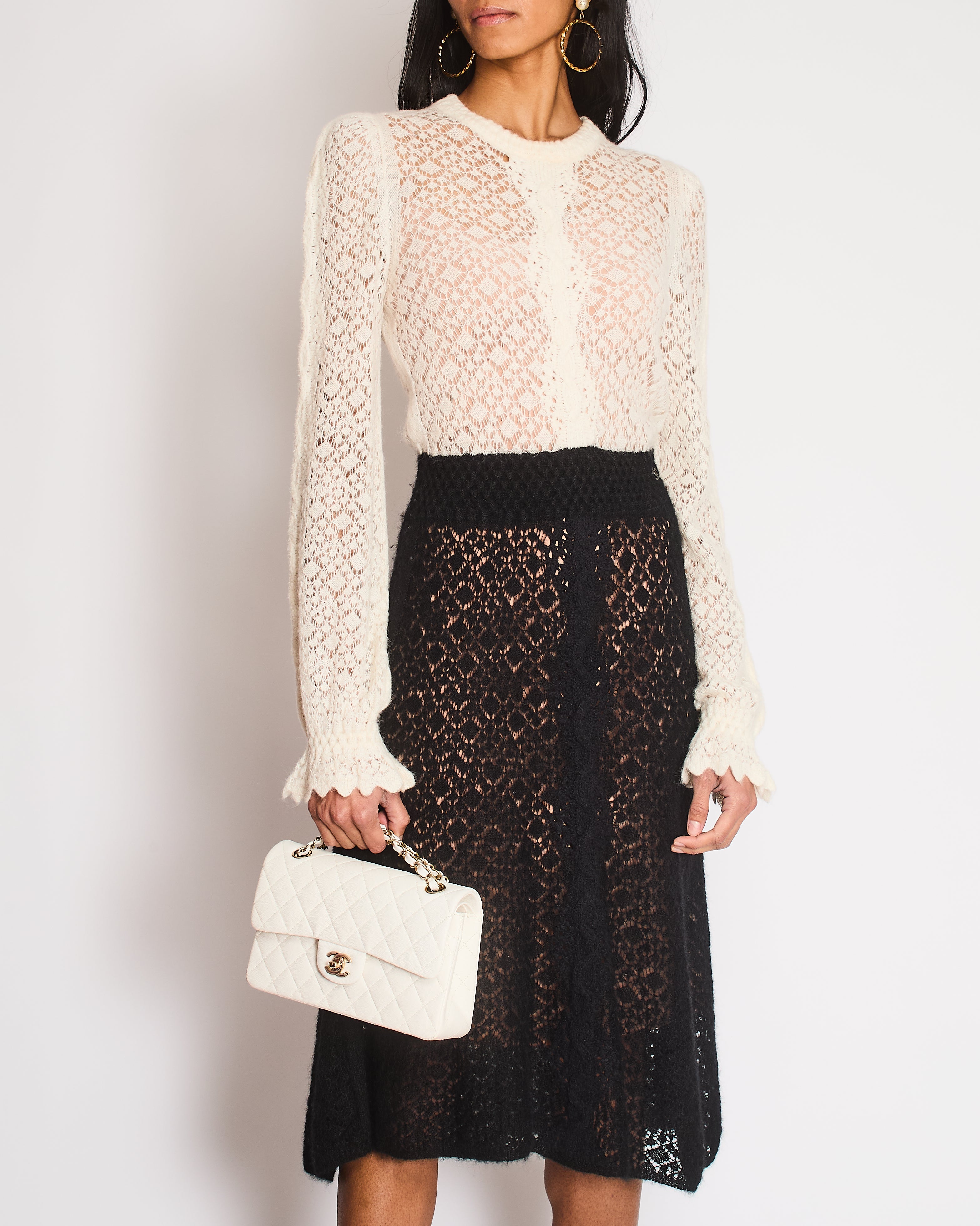 Chanel Black and Cream 23/B Crochet Knitted Long Sleeve Midi Dress Size FR 36 (UK 8)