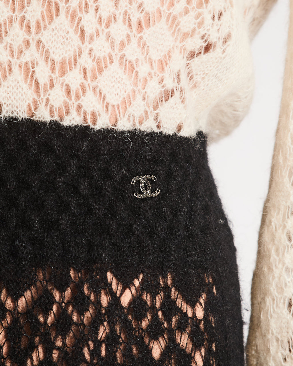 Chanel Black and Cream 23/B Crochet Knitted Long Sleeve Midi Dress Size FR 36 (UK 8)
