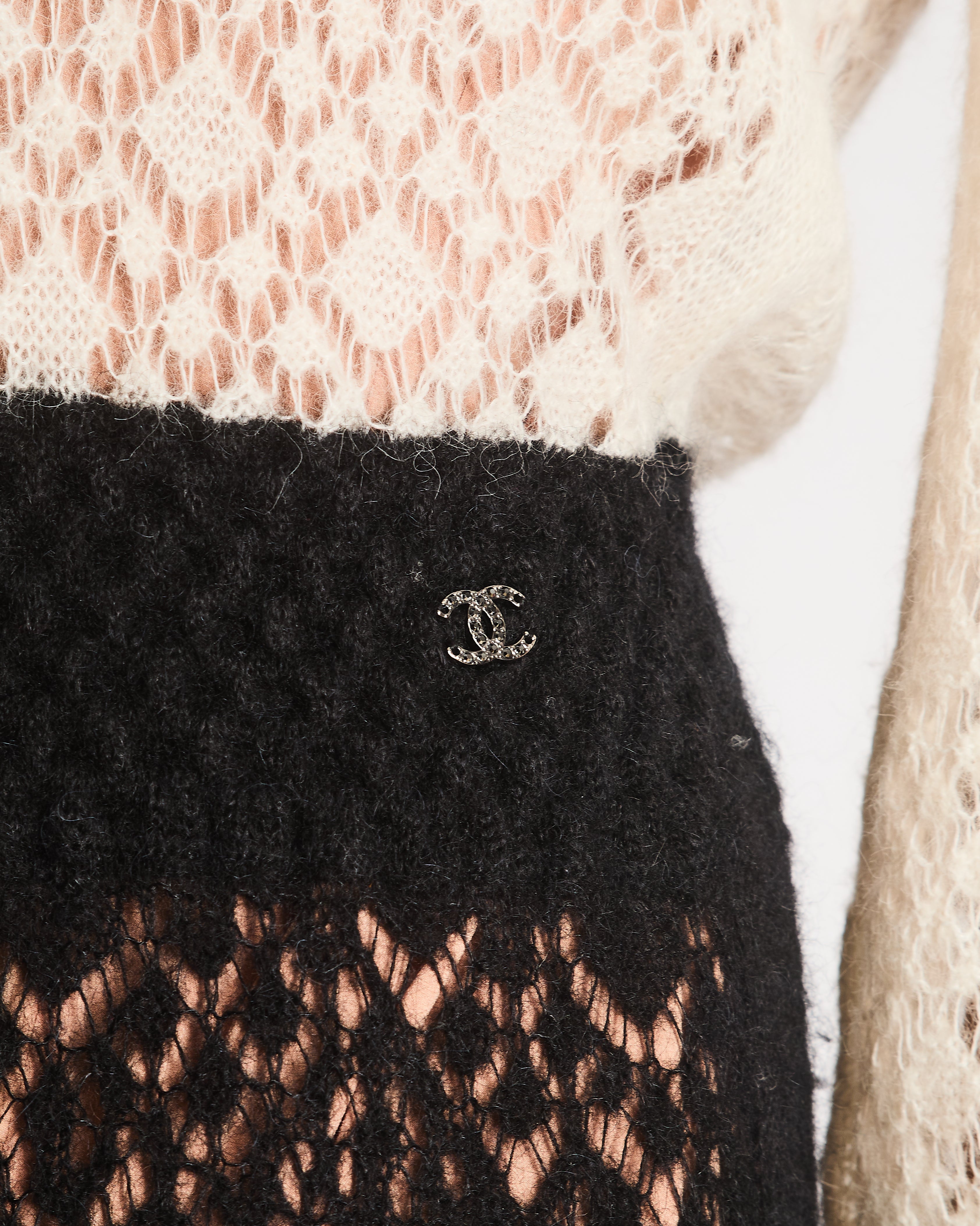 Chanel Black and Cream 23/B Crochet Knitted Long Sleeve Midi Dress Size FR 36 (UK 8)