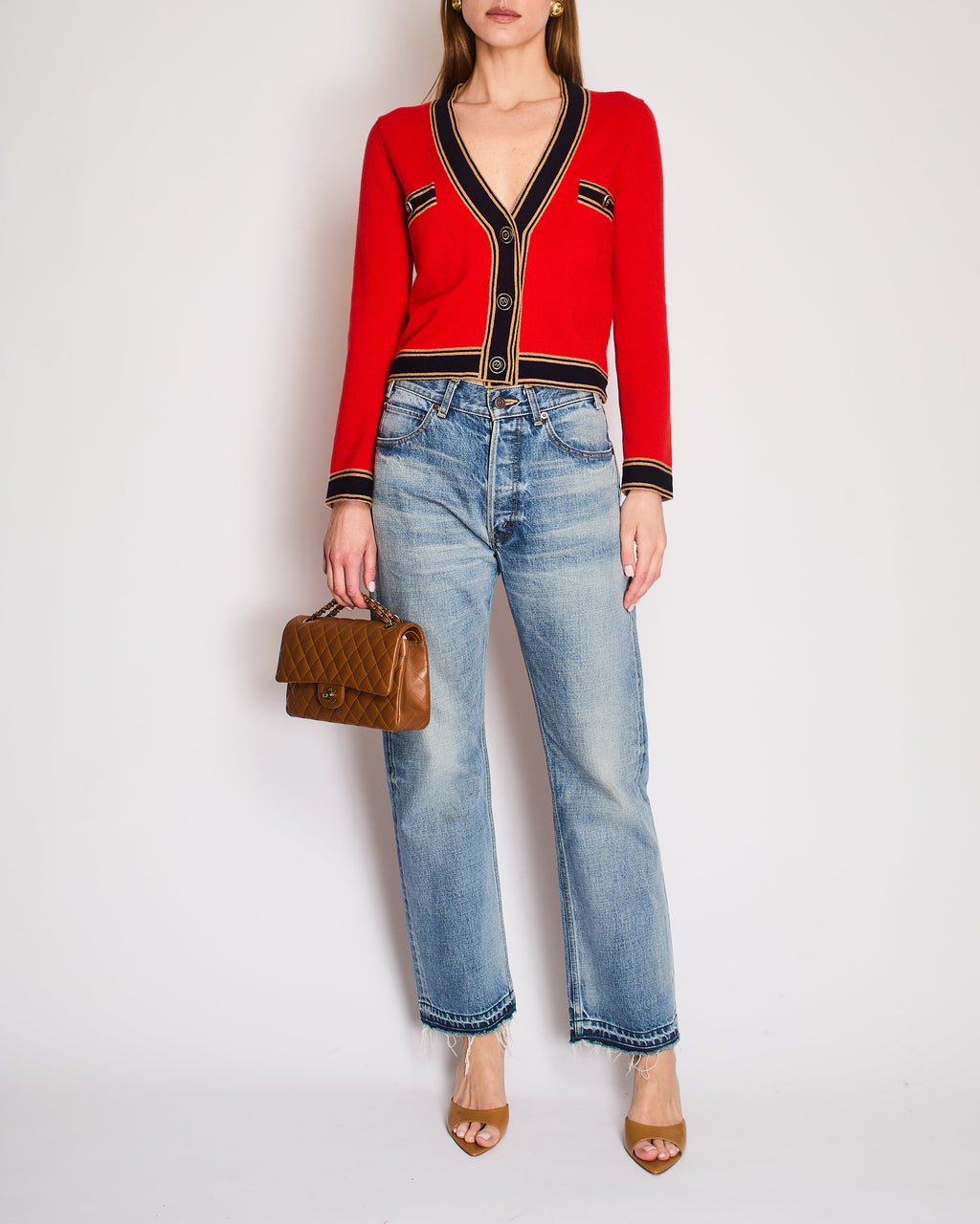 Chanel Red, Navy, and Camel Cashmere Cardigan with CC Logo Buttons Size FR 38 (UK 10)