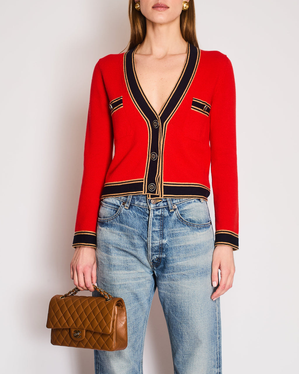 Chanel Red, Navy, and Camel Cashmere Cardigan with CC Logo Buttons Size FR 38 (UK 10)