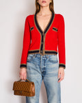 Chanel Red, Navy, and Camel Cashmere Cardigan with CC Logo Buttons Size FR 38 (UK 10)