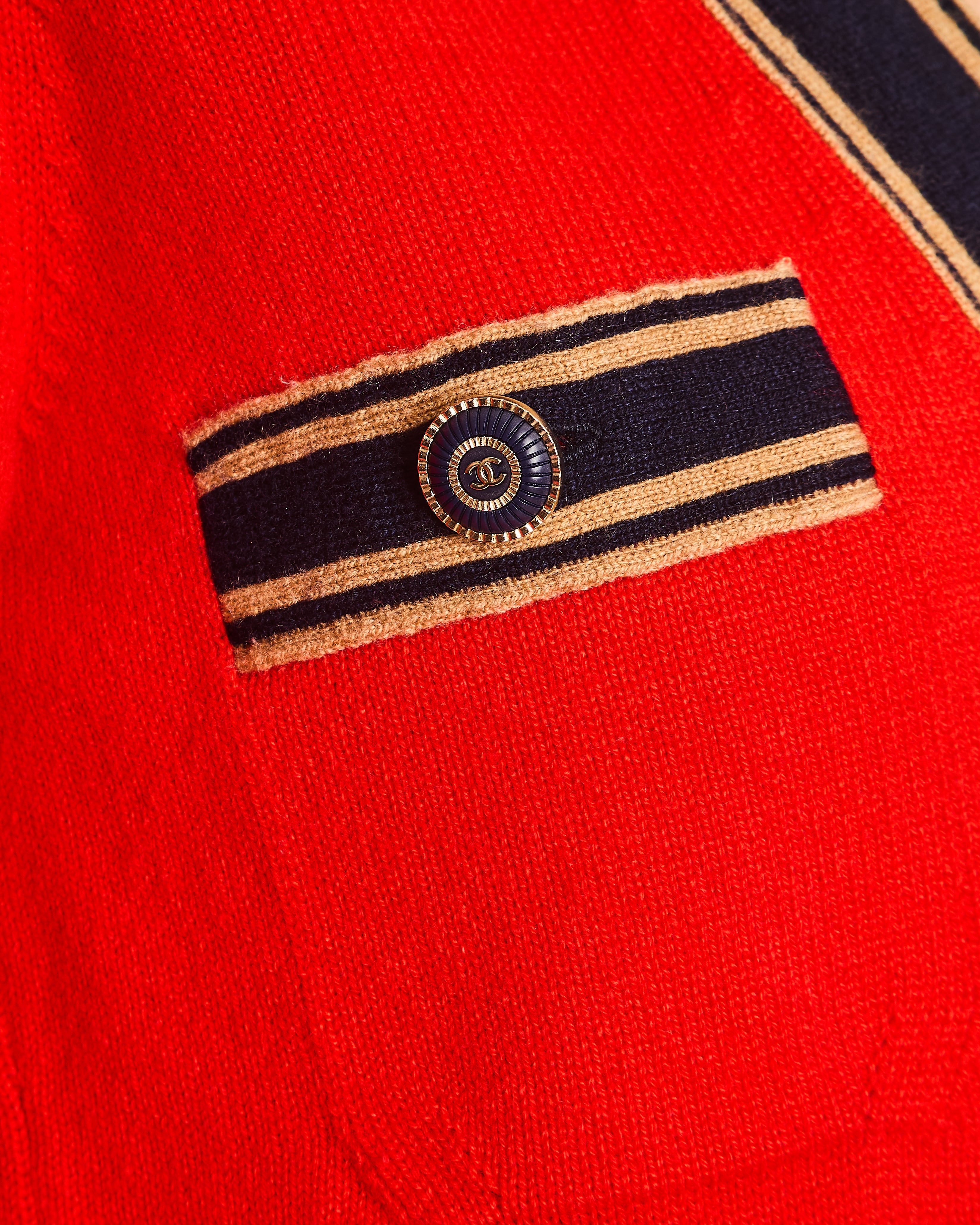 Chanel Red, Navy, and Camel Cashmere Cardigan with CC Logo Buttons Size FR 38 (UK 10)