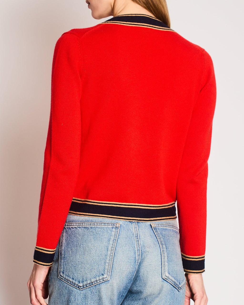 Chanel Red, Navy, and Camel Cashmere Cardigan with CC Logo Buttons Size FR 38 (UK 10)