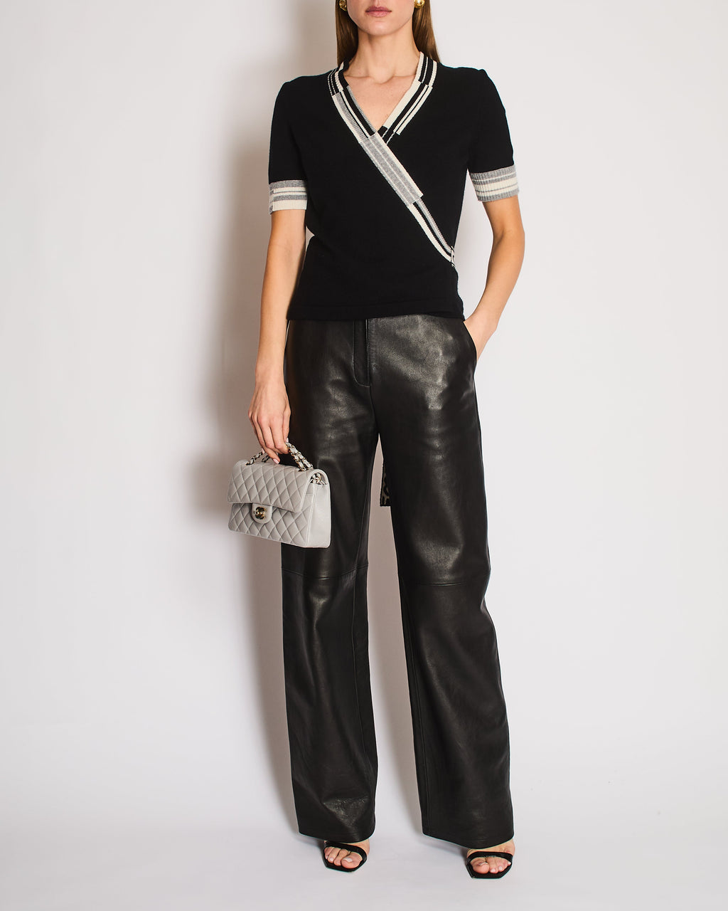 Chanel Black, White, and Grey Wrap Cashmere Cardigan with Logo Detail Size FR 38 (UK 10)
