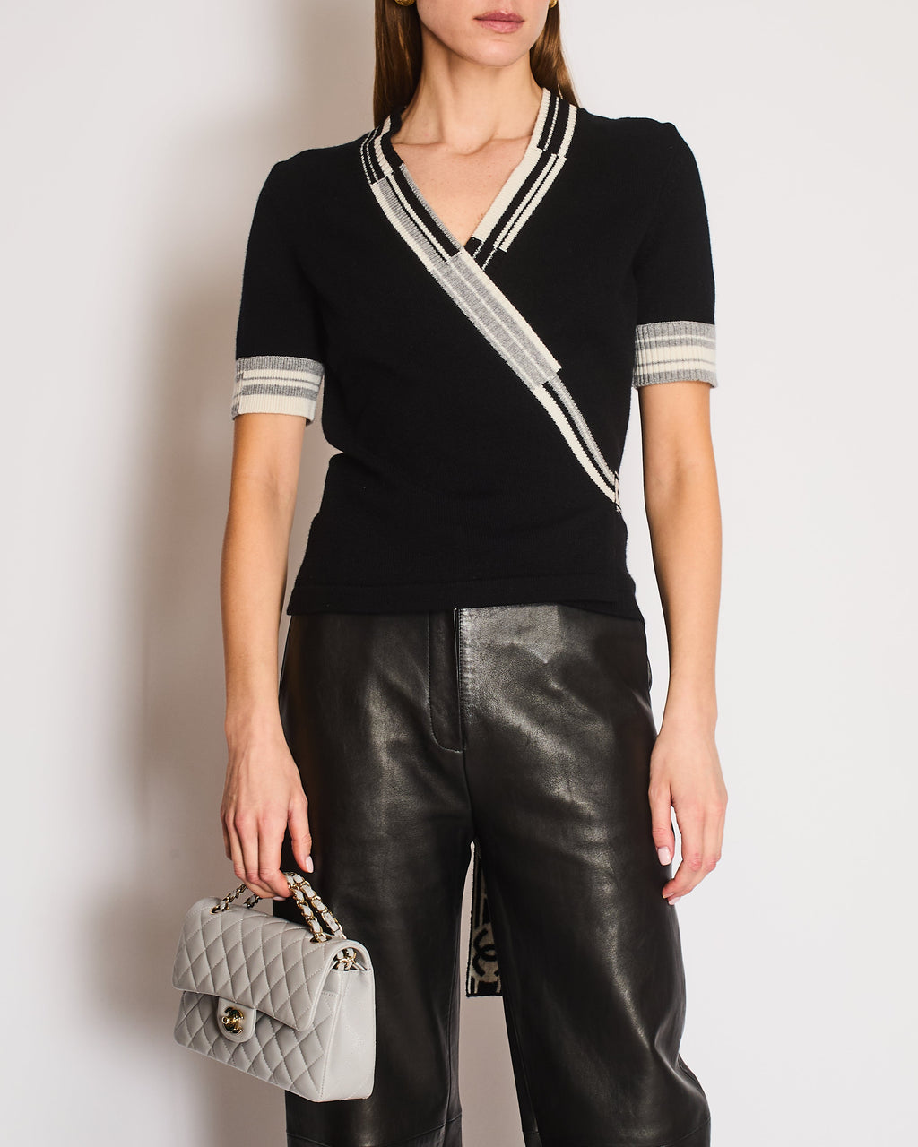 Chanel Black, White, and Grey Wrap Cashmere Cardigan with Logo Detail Size FR 38 (UK 10)