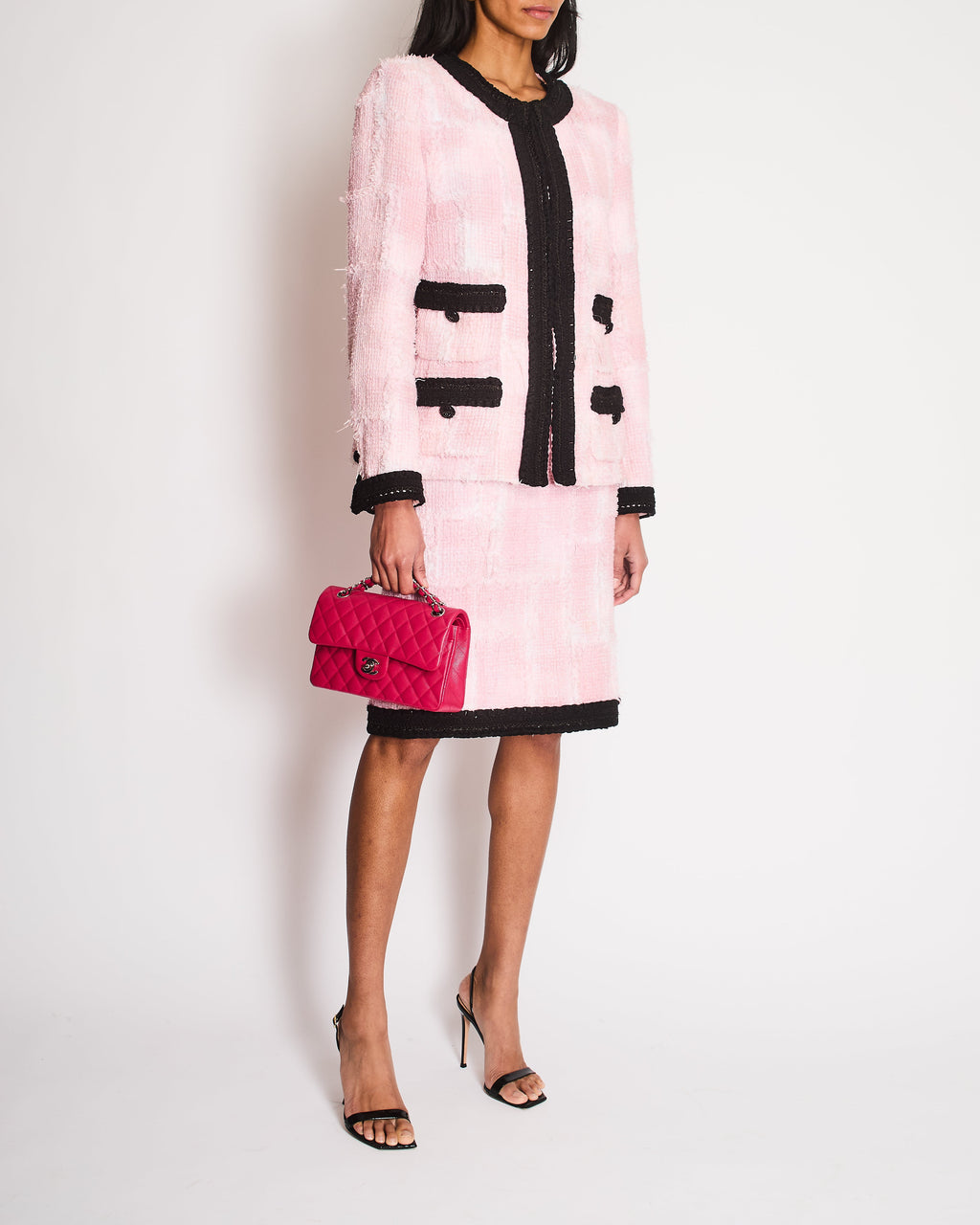 Chanel Cruise 2022 Pink and Black Tweed Blazer and Midi Skirt Set with Black CC Logo Details Size FR 42 (UK 14)