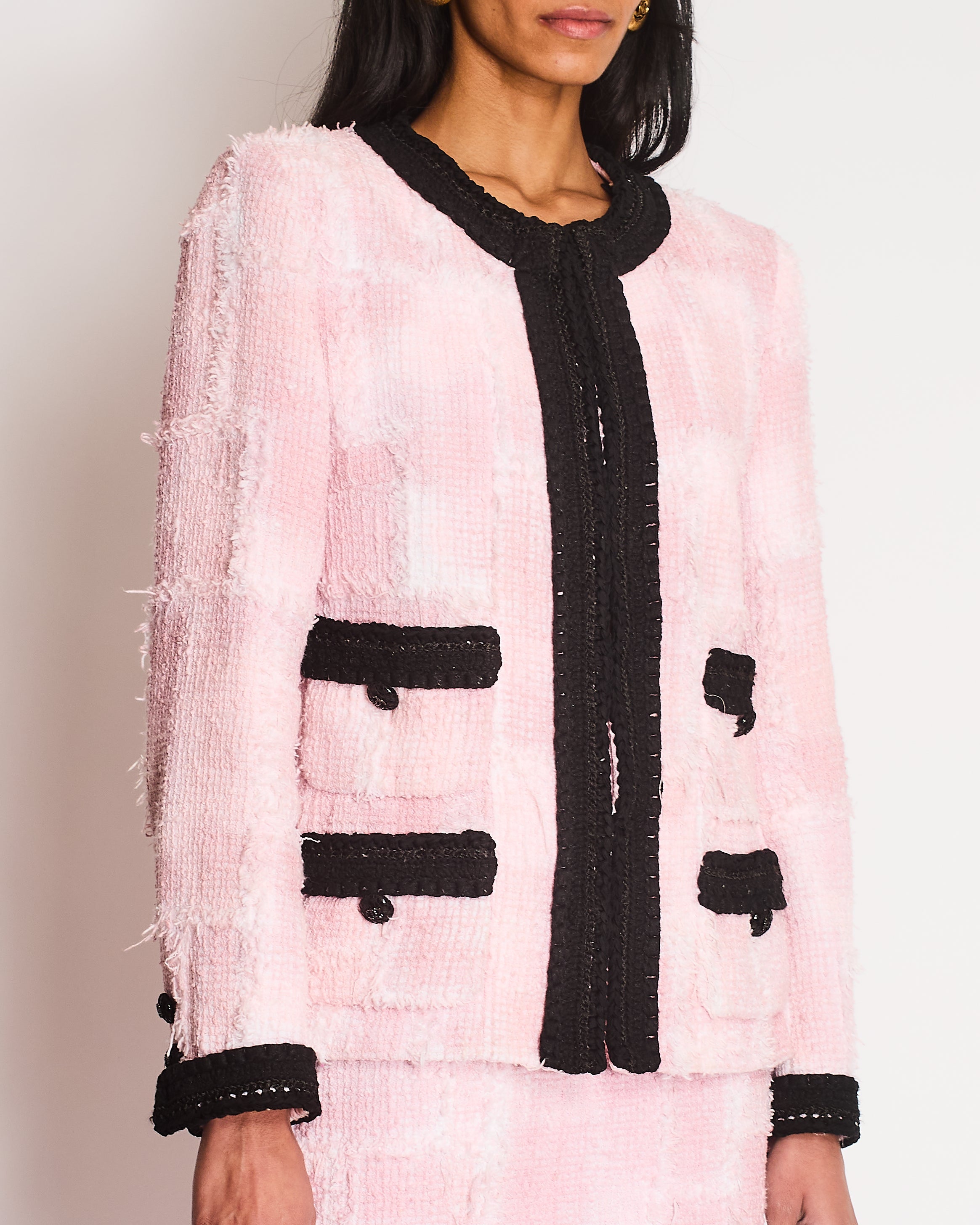 Chanel Cruise 2022 Pink and Black Tweed Blazer and Midi Skirt Set with Black CC Logo Details Size FR 42 (UK 14)