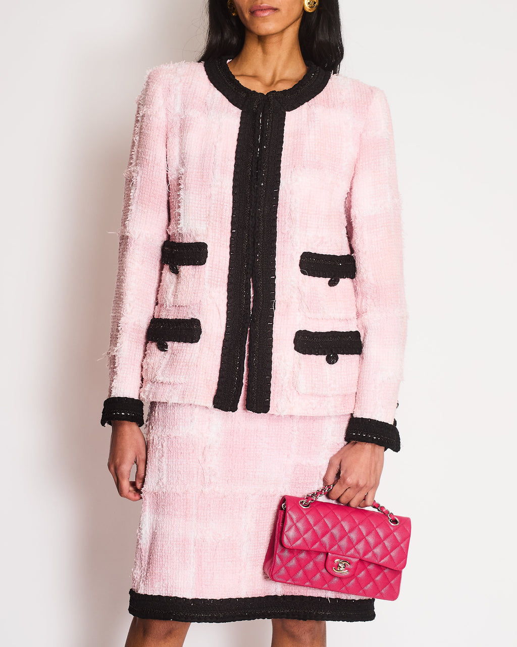 Chanel Cruise 2022 Pink and Black Tweed Blazer and Midi Skirt Set with Black CC Logo Details Size FR 42 (UK 14)