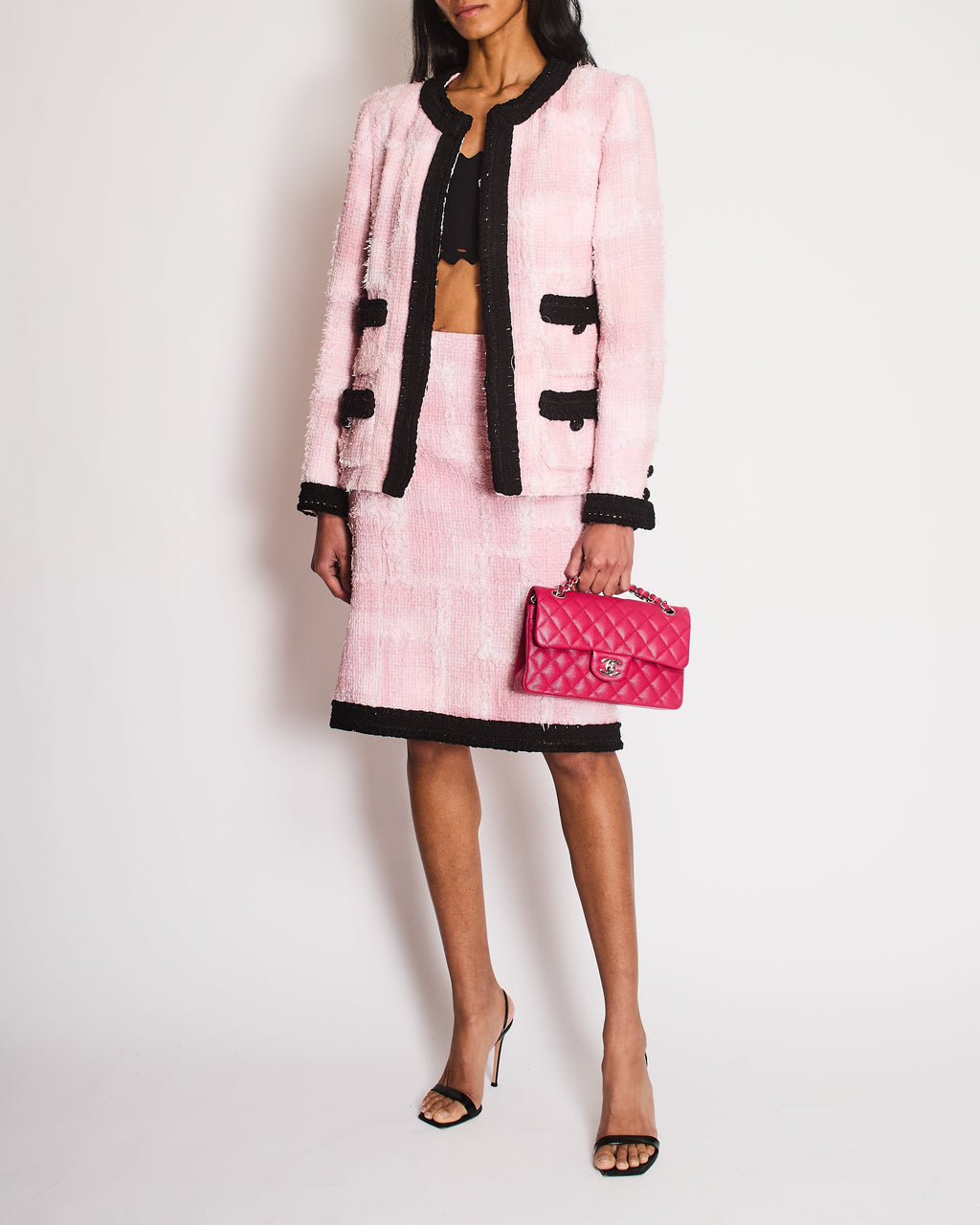 Chanel Cruise 2022 Pink and Black Tweed Blazer and Midi Skirt Set with Black CC Logo Details Size FR 42 (UK 14)