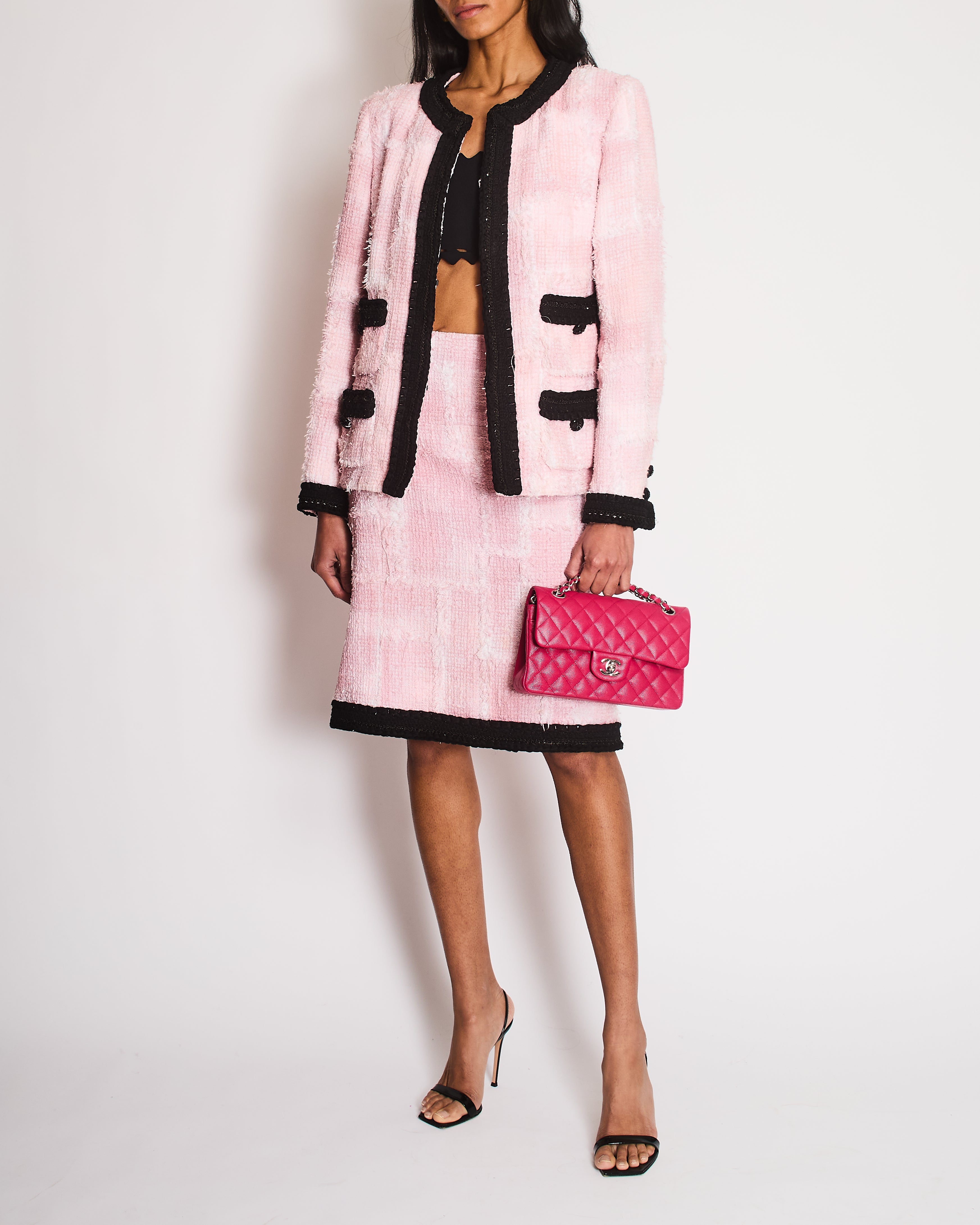 Chanel Cruise 2022 Pink and Black Tweed Blazer and Midi Skirt Set with Black CC Logo Details Size FR 42 (UK 14)