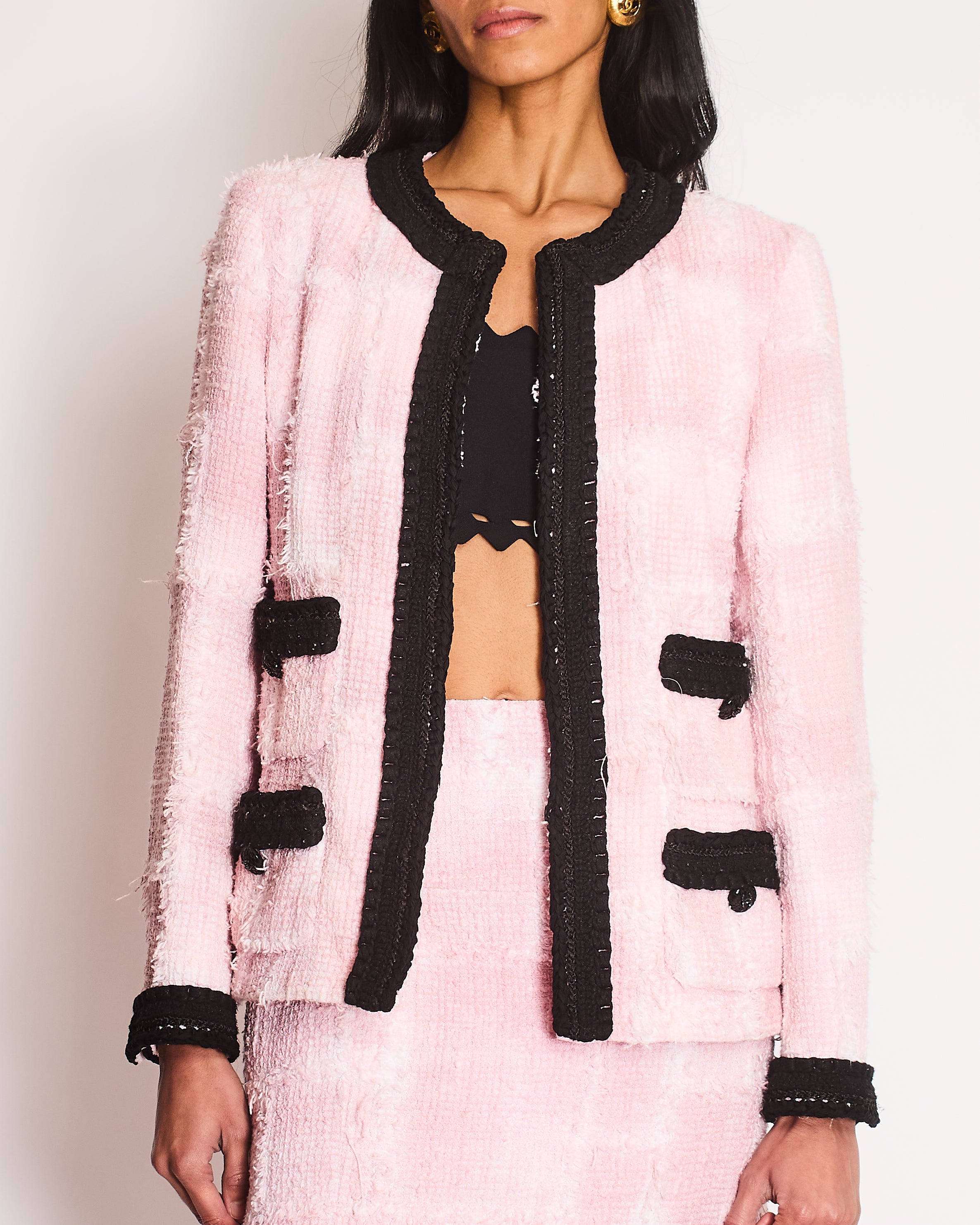 Chanel Cruise 2022 Pink and Black Tweed Blazer and Midi Skirt Set with Black CC Logo Details Size FR 42 (UK 14)
