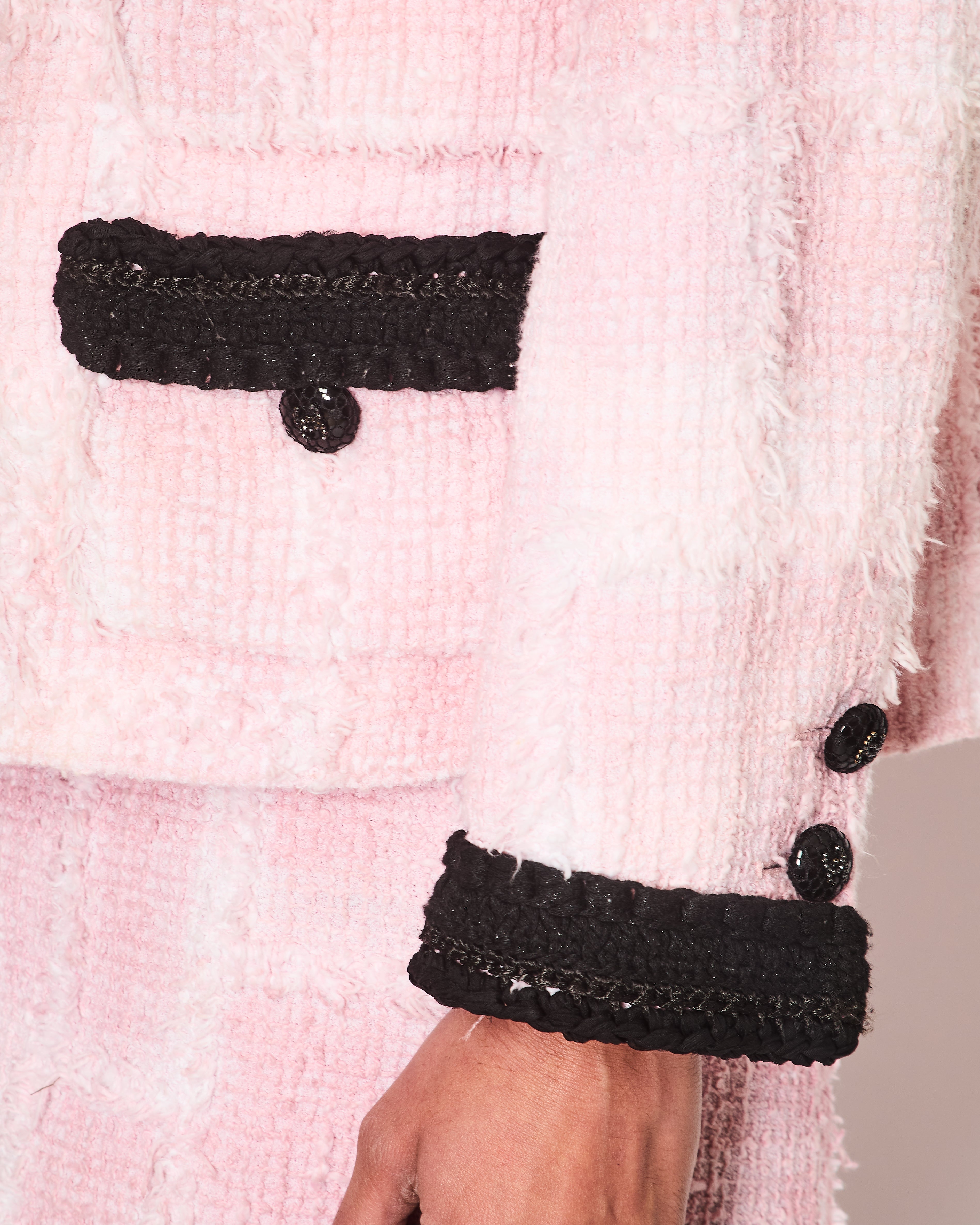 Chanel Cruise 2022 Pink and Black Tweed Blazer and Midi Skirt Set with Black CC Logo Details Size FR 42 (UK 14)