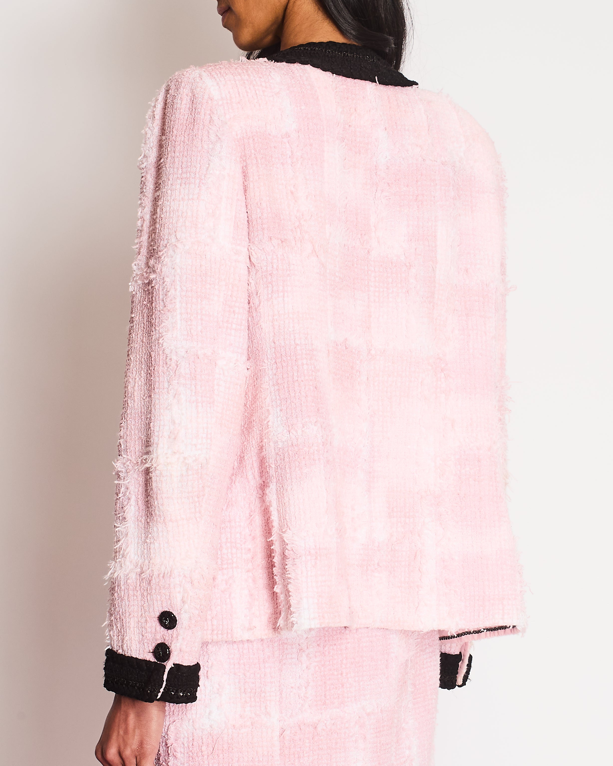 Chanel Cruise 2022 Pink and Black Tweed Blazer and Midi Skirt Set with Black CC Logo Details Size FR 42 (UK 14)