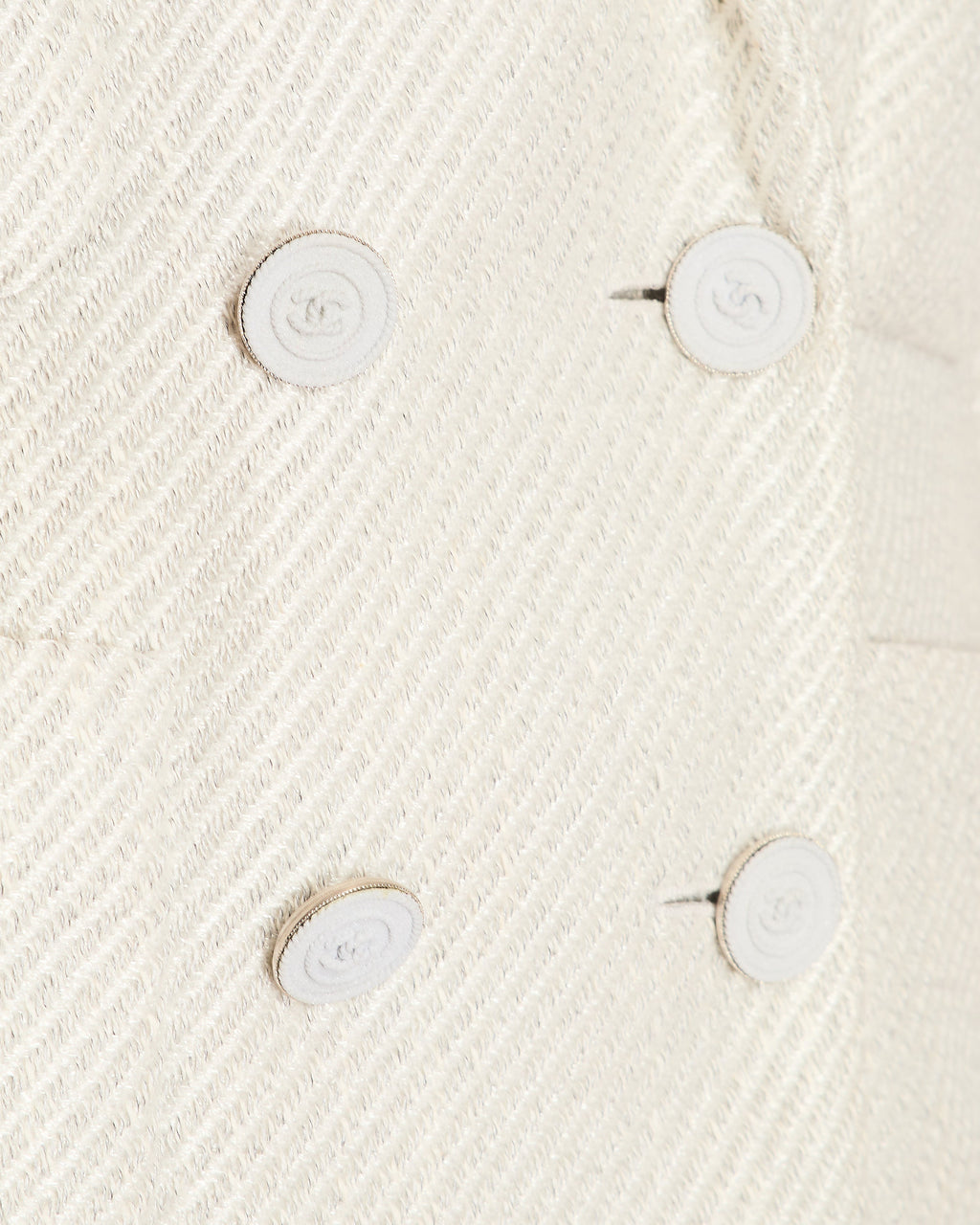 Chanel 2014 Spring / Summer Grey & Cream Metallic Tweed Double Breasted Jacket with Grey Logo Buttons & Pockets Details Size FR 42 (UK 14)