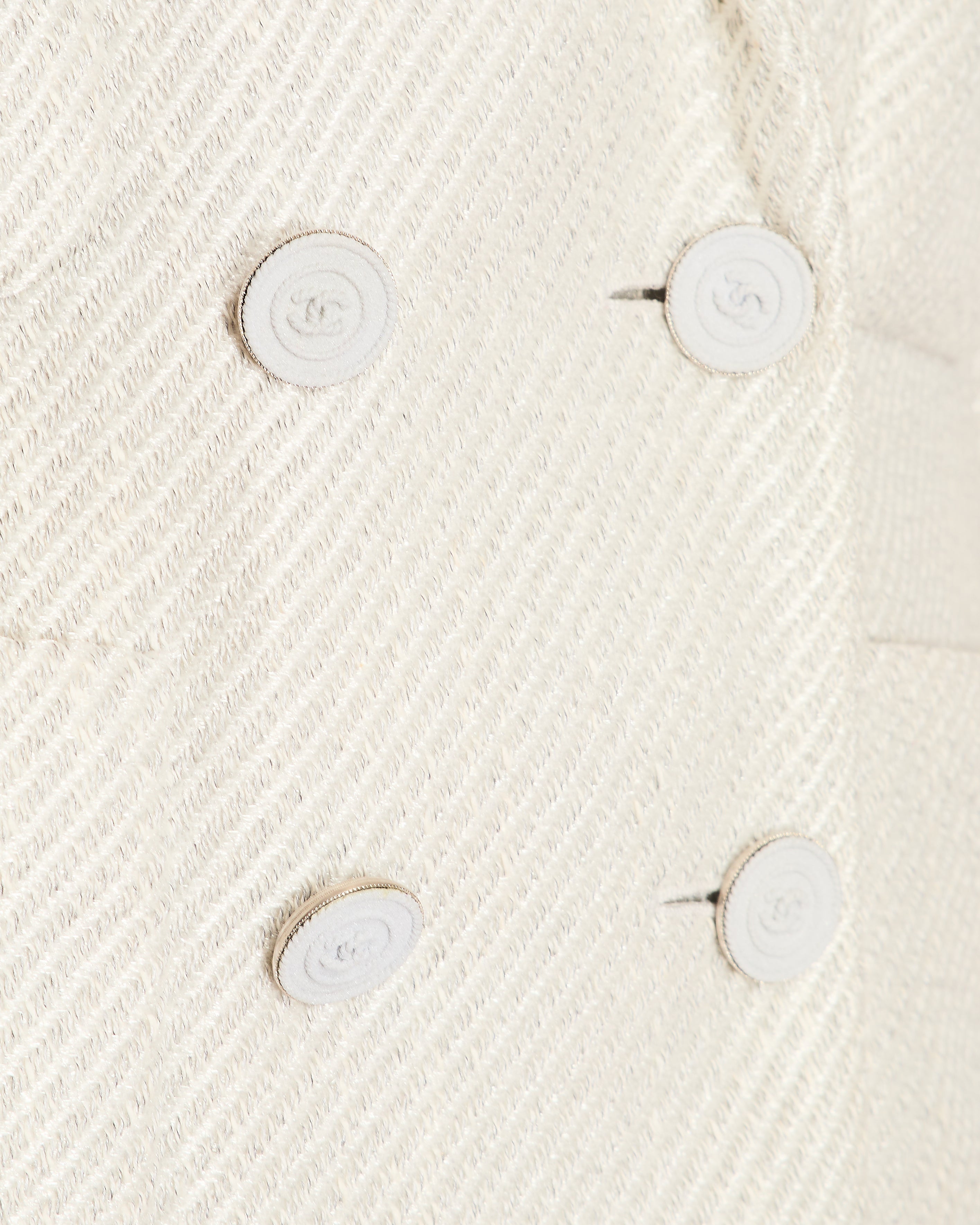 Chanel 2014 Spring / Summer Grey & Cream Metallic Tweed Double Breasted Jacket with Grey Logo Buttons & Pockets Details Size FR 42 (UK 14)