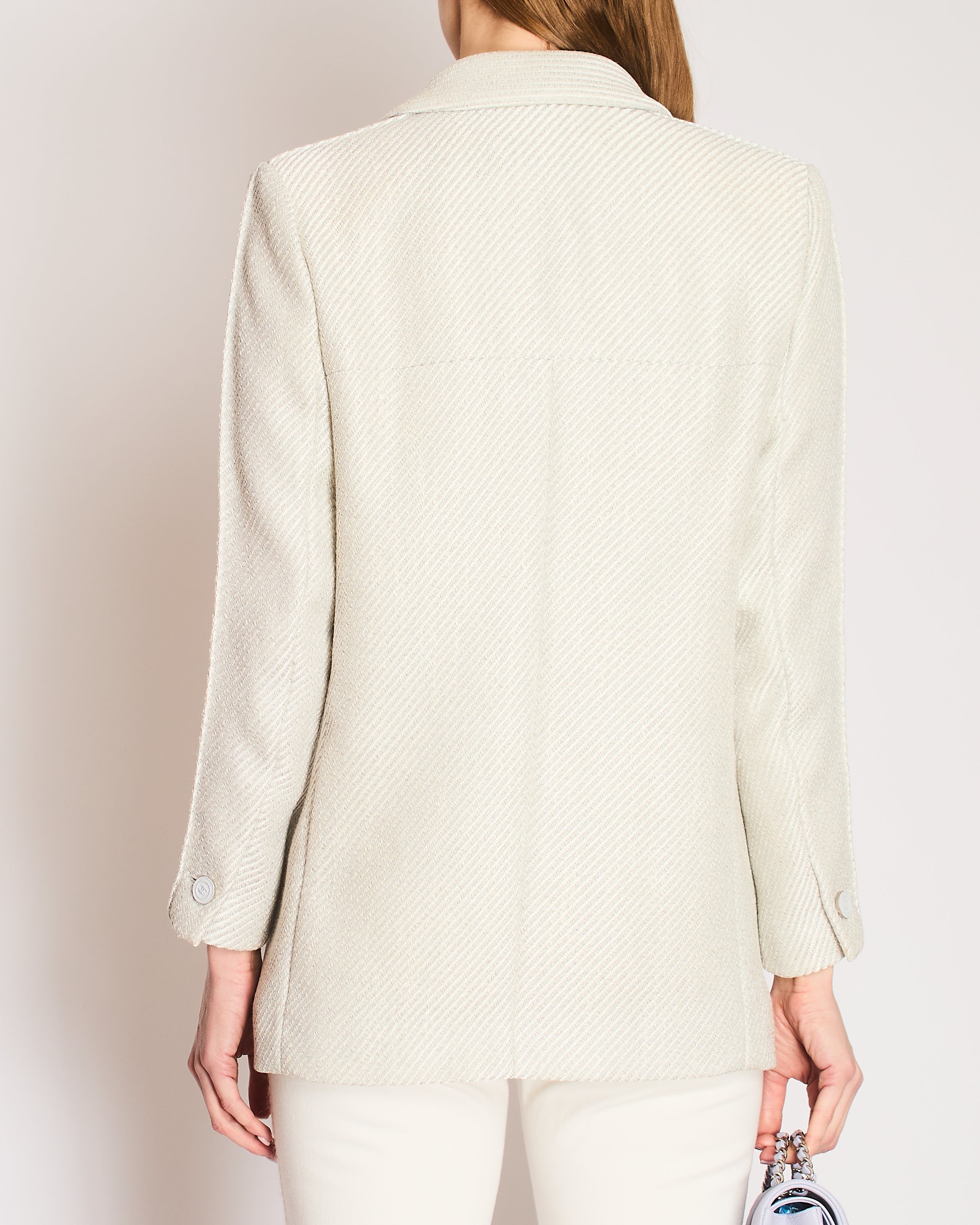 Chanel 2014 Spring / Summer Grey & Cream Metallic Tweed Double Breasted Jacket with Grey Logo Buttons & Pockets Details Size FR 42 (UK 14)