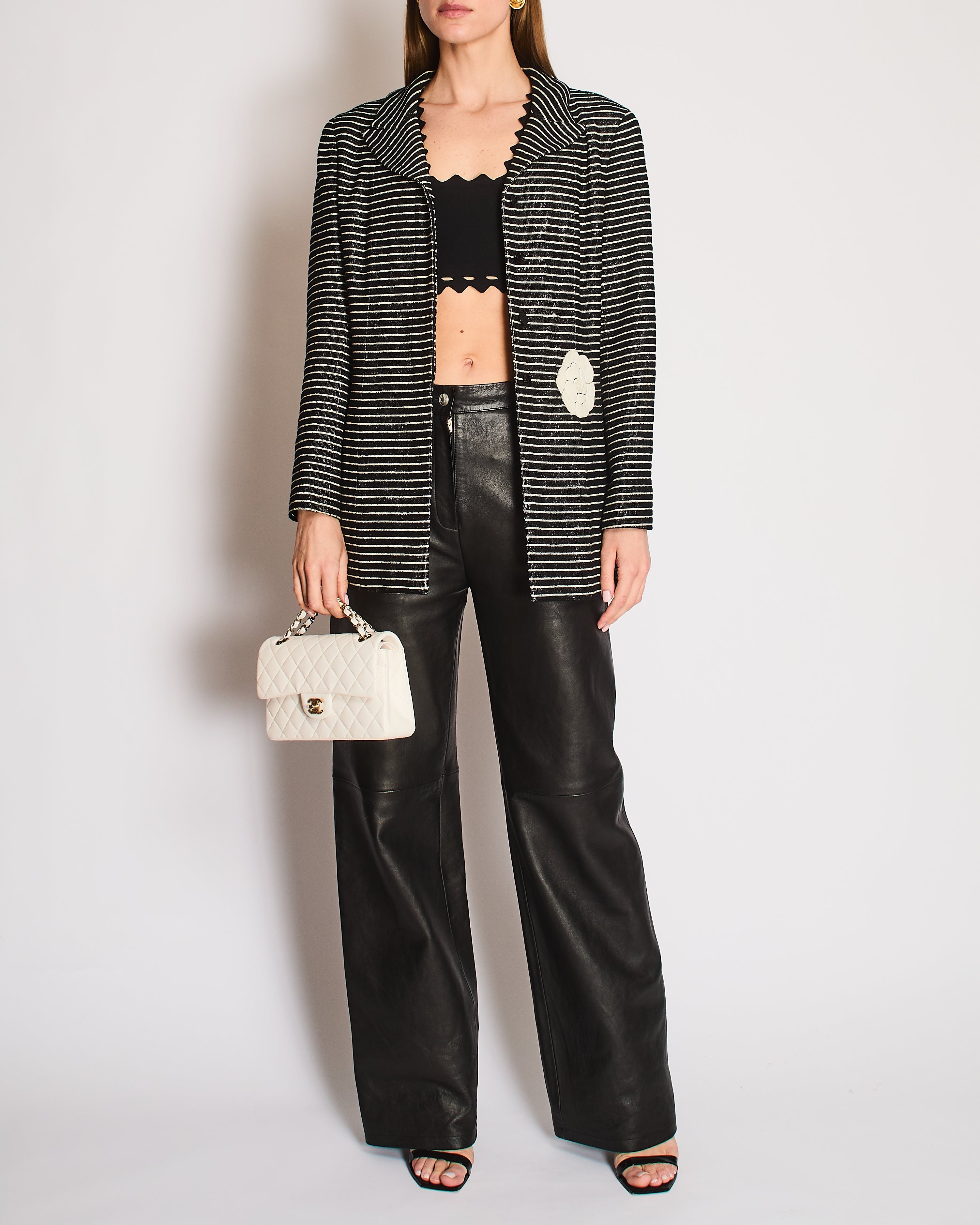 Chanel 2001 Cruise Collection Vintage Black & White Striped Jacket with Camelia Embellishment Size FR 44 (UK 16)