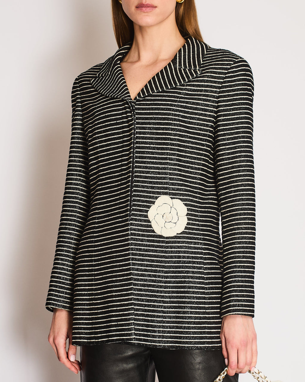 Chanel 2001 Cruise Collection Vintage Black & White Striped Jacket with Camelia Embellishment Size FR 44 (UK 16)