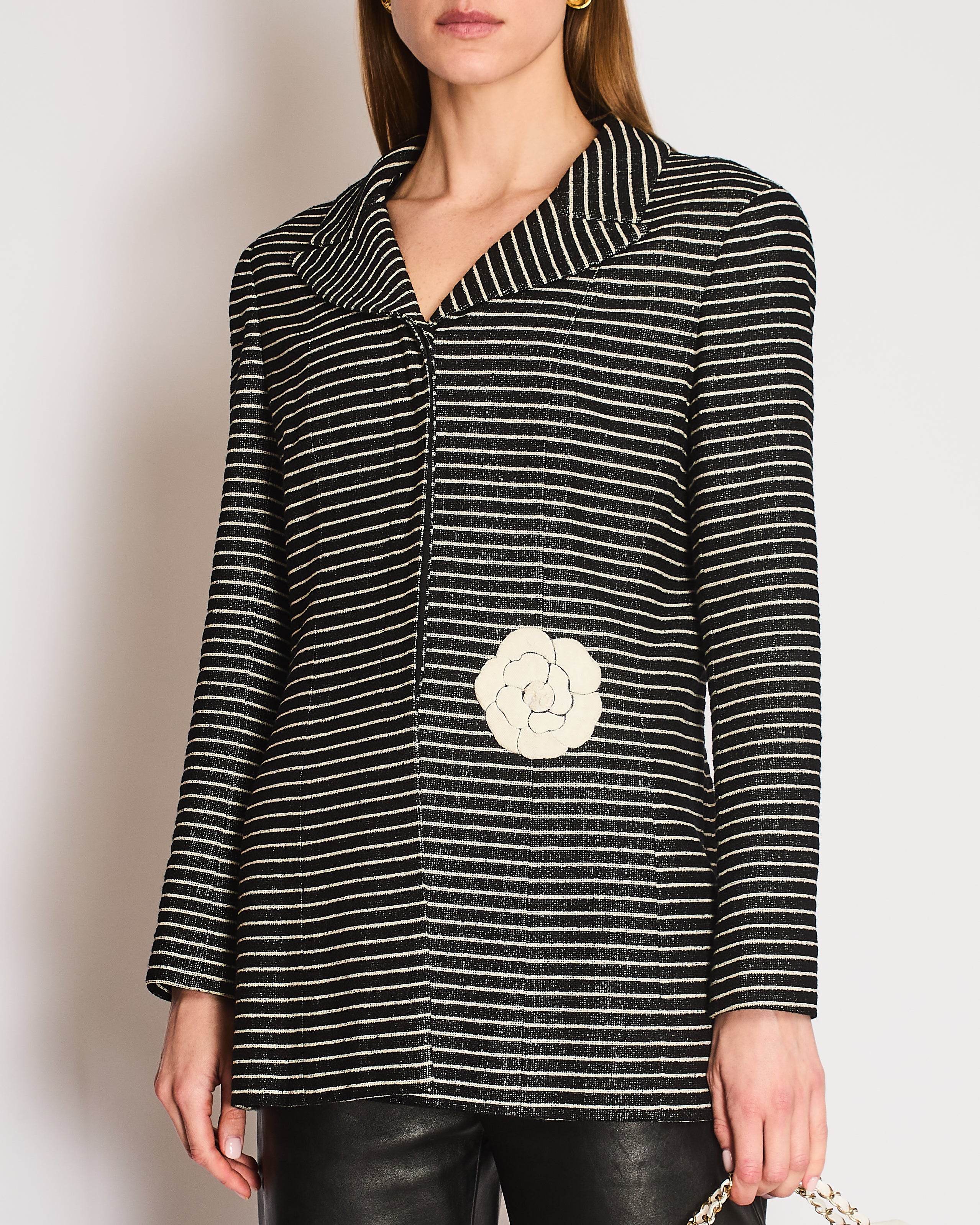 Chanel 2001 Cruise Collection Vintage Black & White Striped Jacket with Camelia Embellishment Size FR 44 (UK 16)