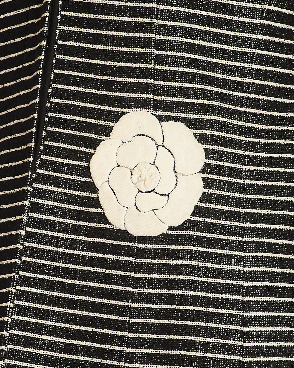 Chanel 2001 Cruise Collection Vintage Black & White Striped Jacket with Camelia Embellishment Size FR 44 (UK 16)