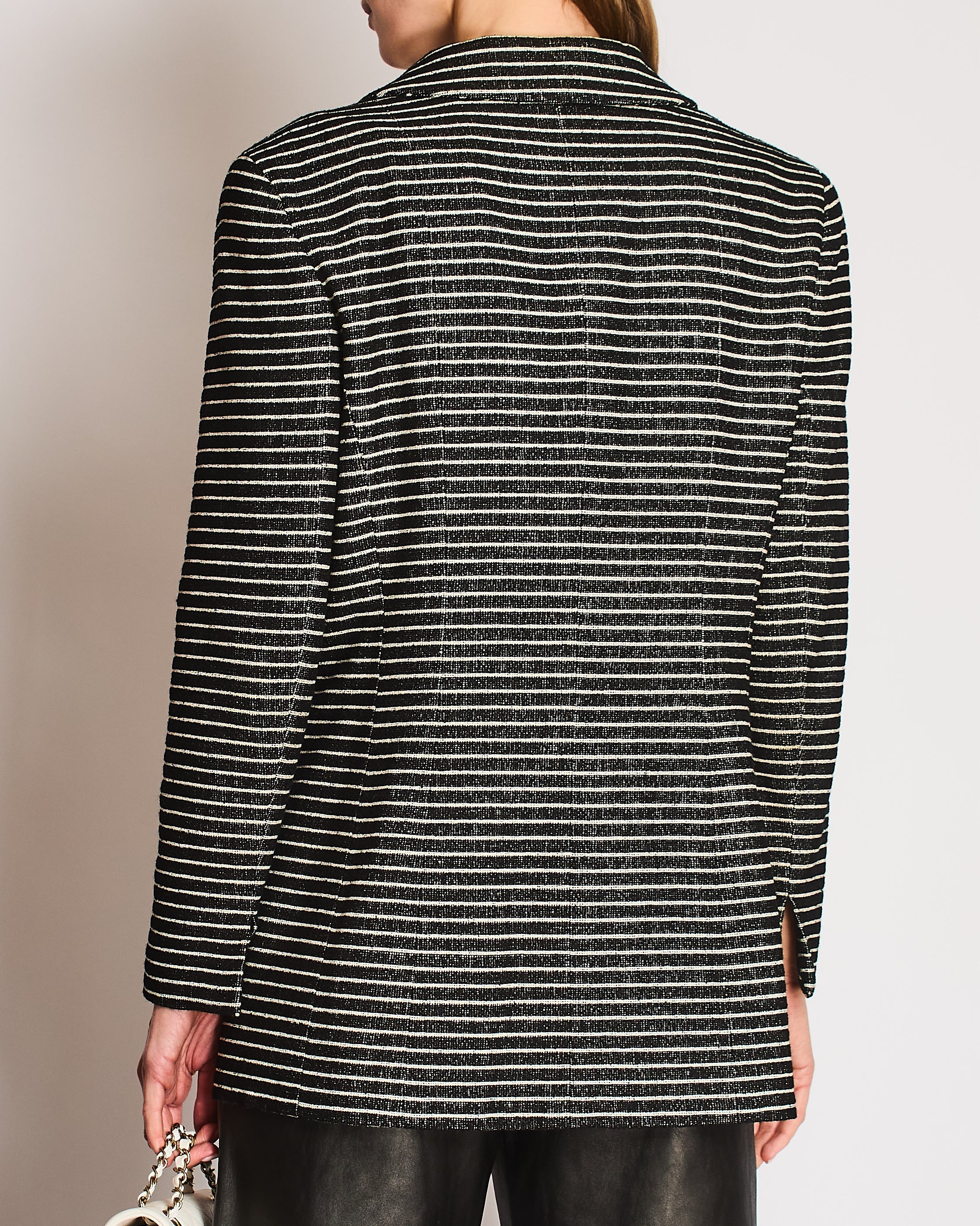 Chanel 2001 Cruise Collection Vintage Black & White Striped Jacket with Camelia Embellishment Size FR 44 (UK 16)