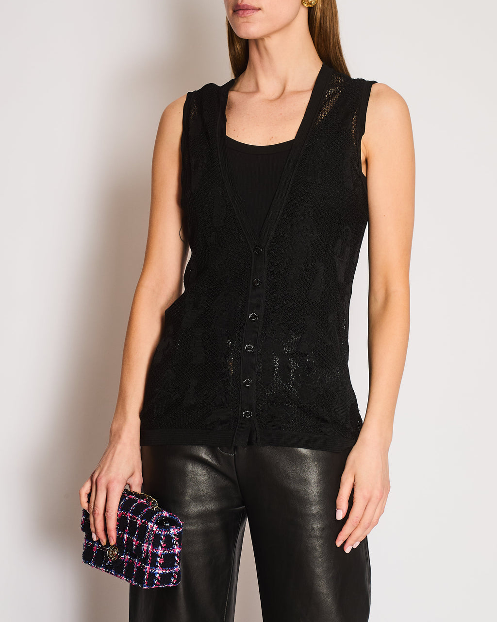 Chanel Black Vintage Coco Chanel Print Crochet V-Neck Sleeveless Cardigan Size FR 38 (UK 14)