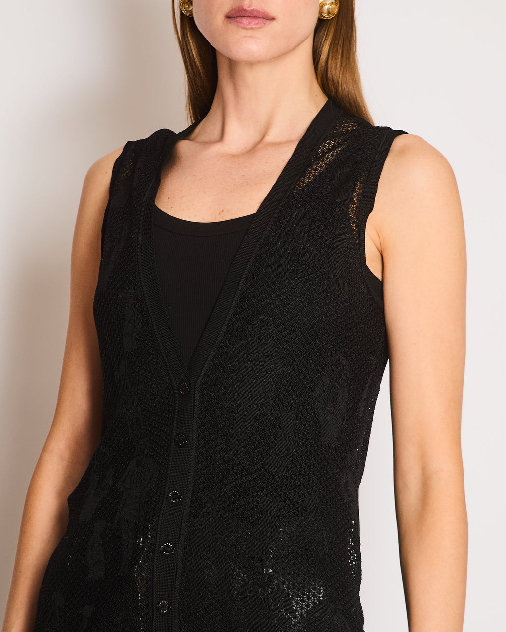 Chanel Black Vintage Coco Chanel Print Crochet V-Neck Sleeveless Cardigan Size FR 38 (UK 14)