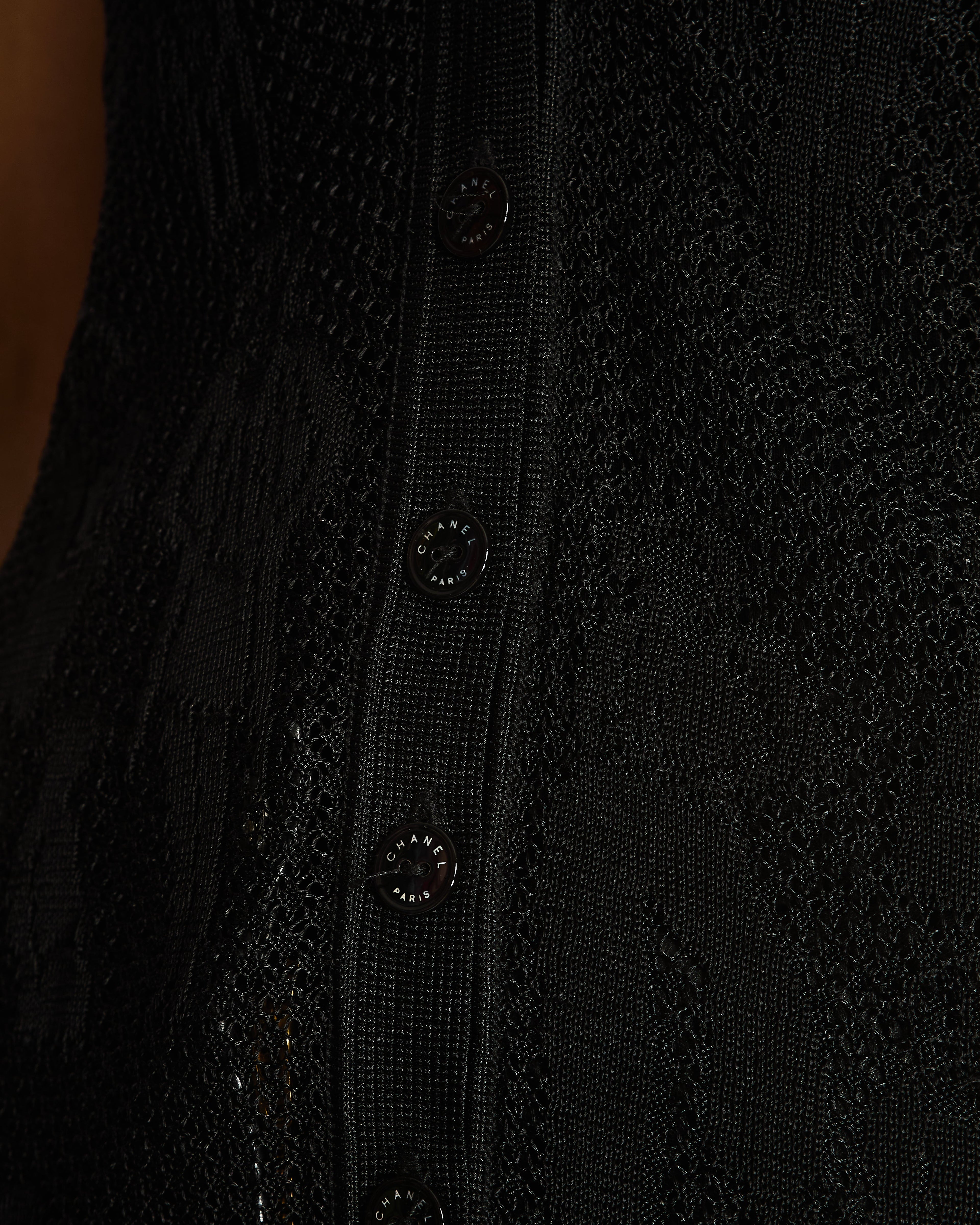 Chanel Black Vintage Coco Chanel Print Crochet V-Neck Sleeveless Cardigan Size FR 38 (UK 14)