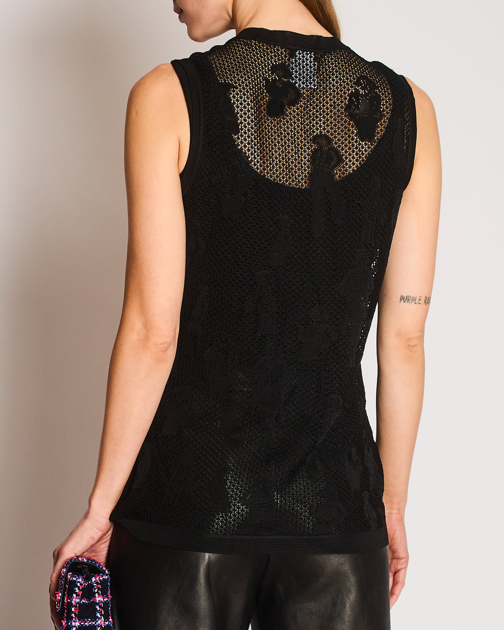 Chanel Black Vintage Coco Chanel Print Crochet V-Neck Sleeveless Cardigan Size FR 38 (UK 14)