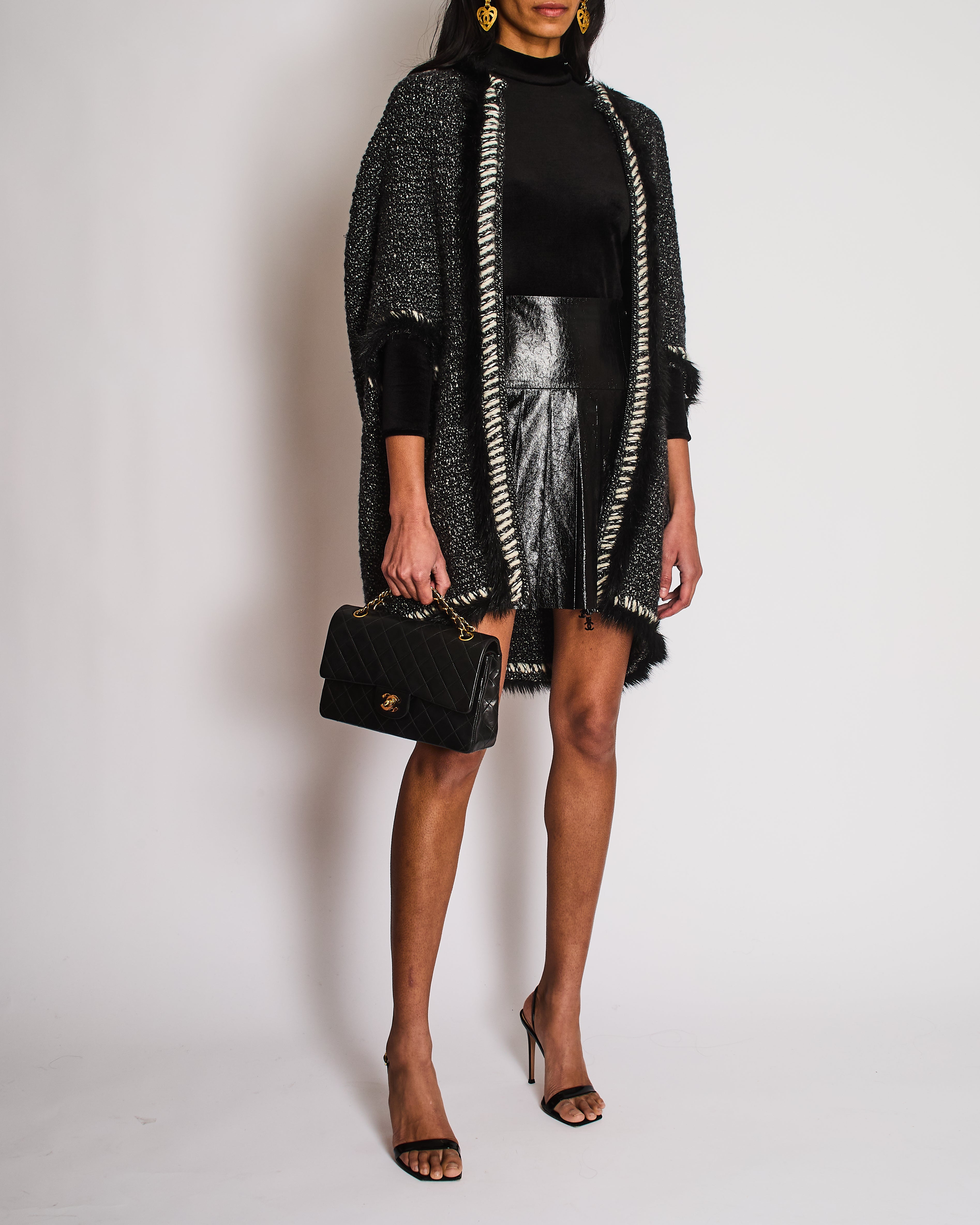 Chanel Fall 2010 Collection Black and White Cashmere Knit Cape with Fur Trimmings Size FR 40 (UK 12)