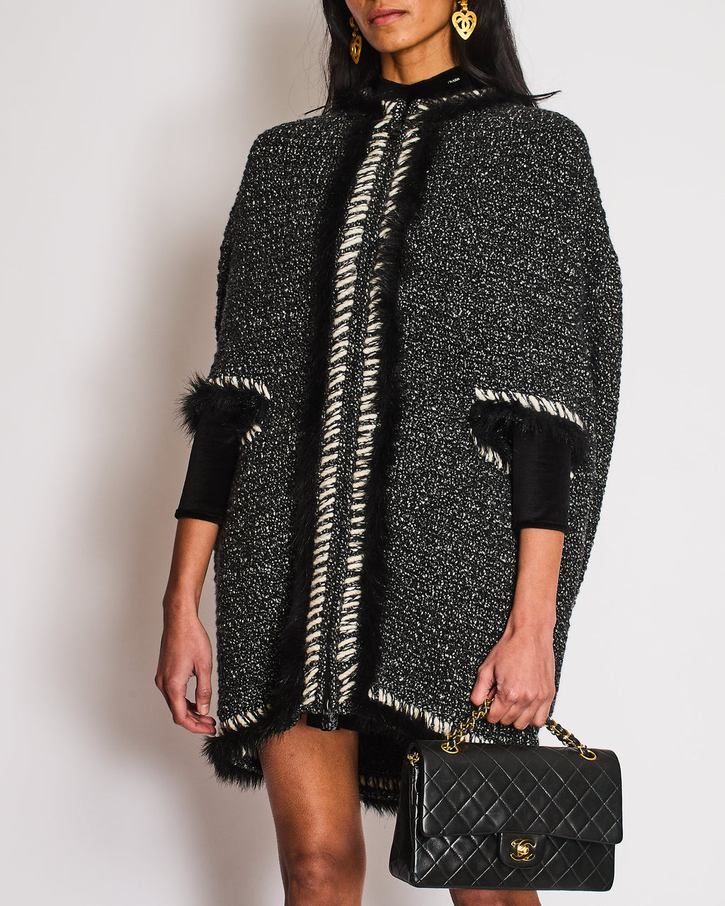 Chanel Fall 2010 Collection Black and White Cashmere Knit Cape with Fur Trimmings Size FR 40 (UK 12)