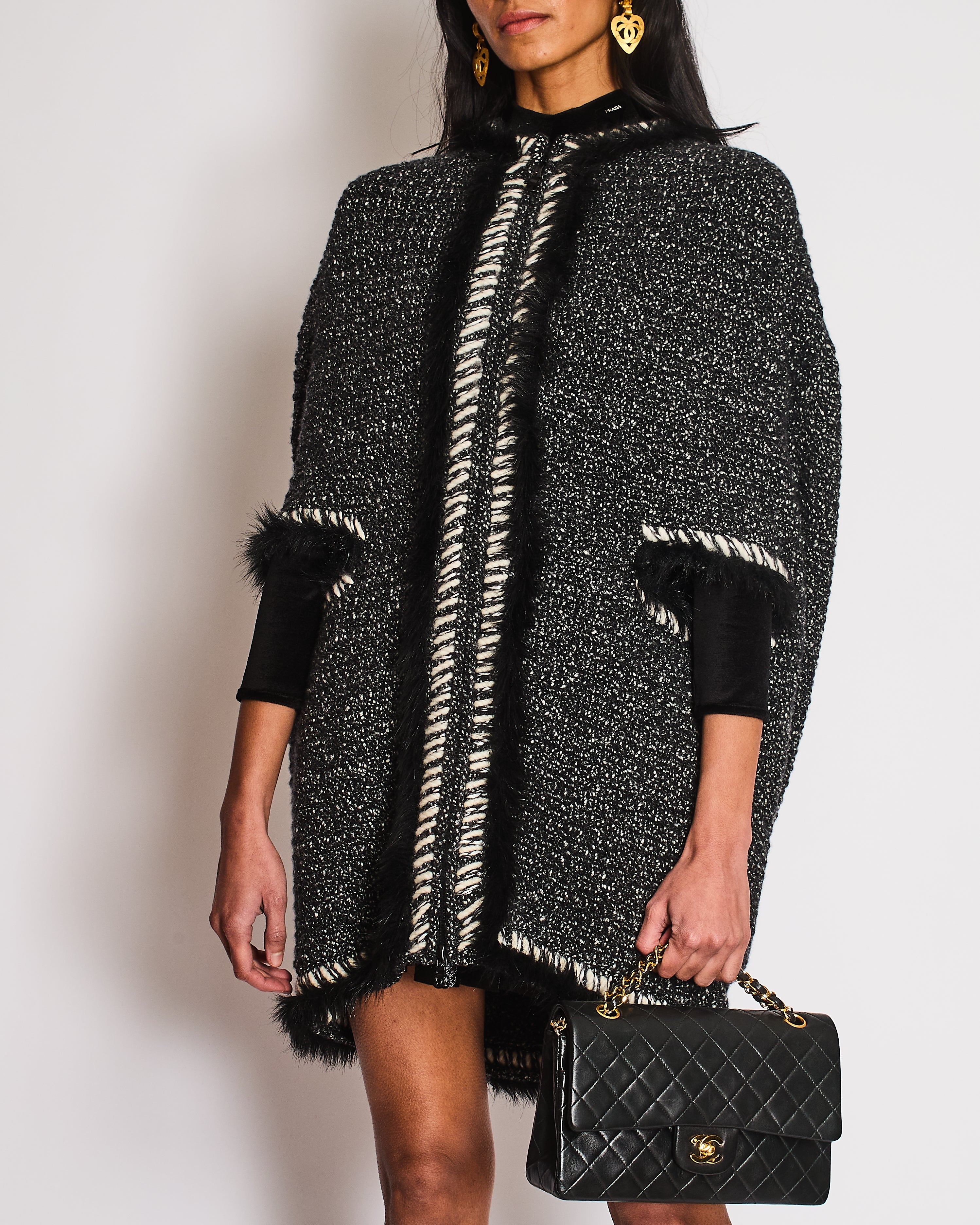 Chanel Fall 2010 Collection Black and White Cashmere Knit Cape with Fur Trimmings Size FR 40 (UK 12)