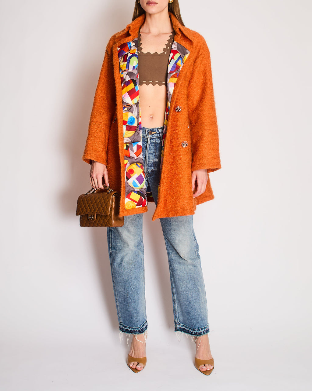 *RARE* Chanel Fall/Winter 2014 "Supermarket" Collection Orange Double Breasted Oversized Coat with Camelia Embellished Buttons & Zip Details Size FR 36 (UK 8)
