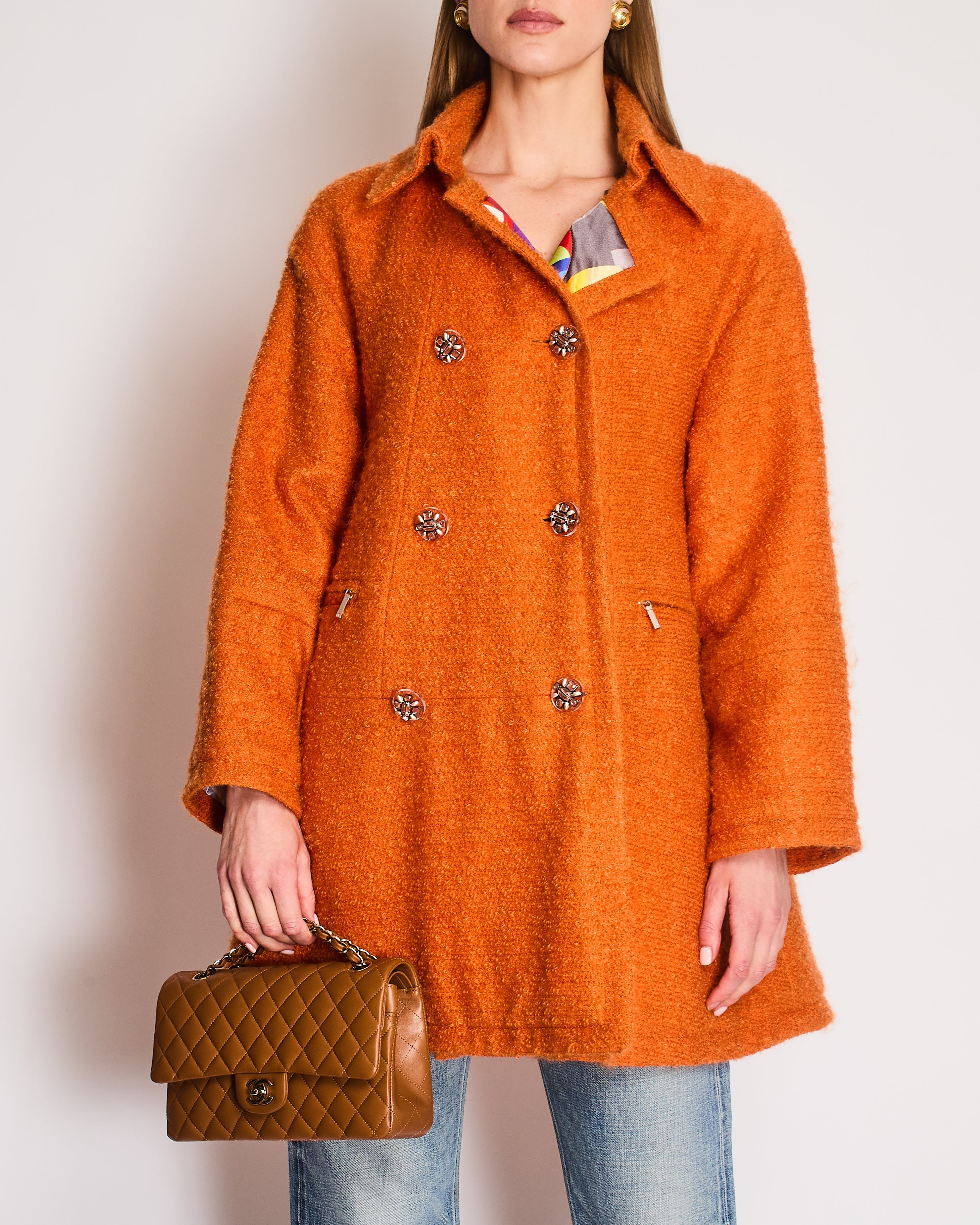 *RARE* Chanel Fall/Winter 2014 "Supermarket" Collection Orange Double Breasted Oversized Coat with Camelia Embellished Buttons & Zip Details Size FR 36 (UK 8)