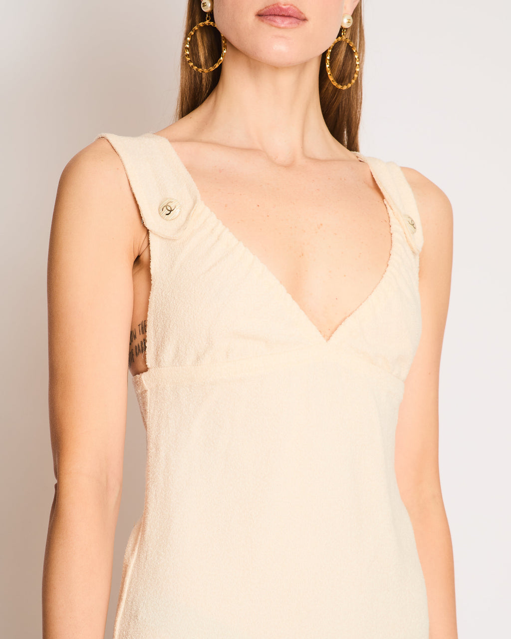 Chanel Cream Mini Terry Beach Mini Dress with White and Beige CC Logo Buttons Size FR 36 (UK 8)