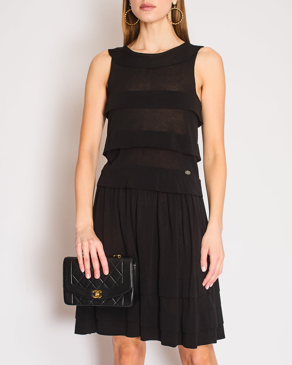 Chanel Vintage 06P Black Sleeveless Tiered Mini Dress with Silver CC Logo Button Detail Size FR 38 (UK 10)