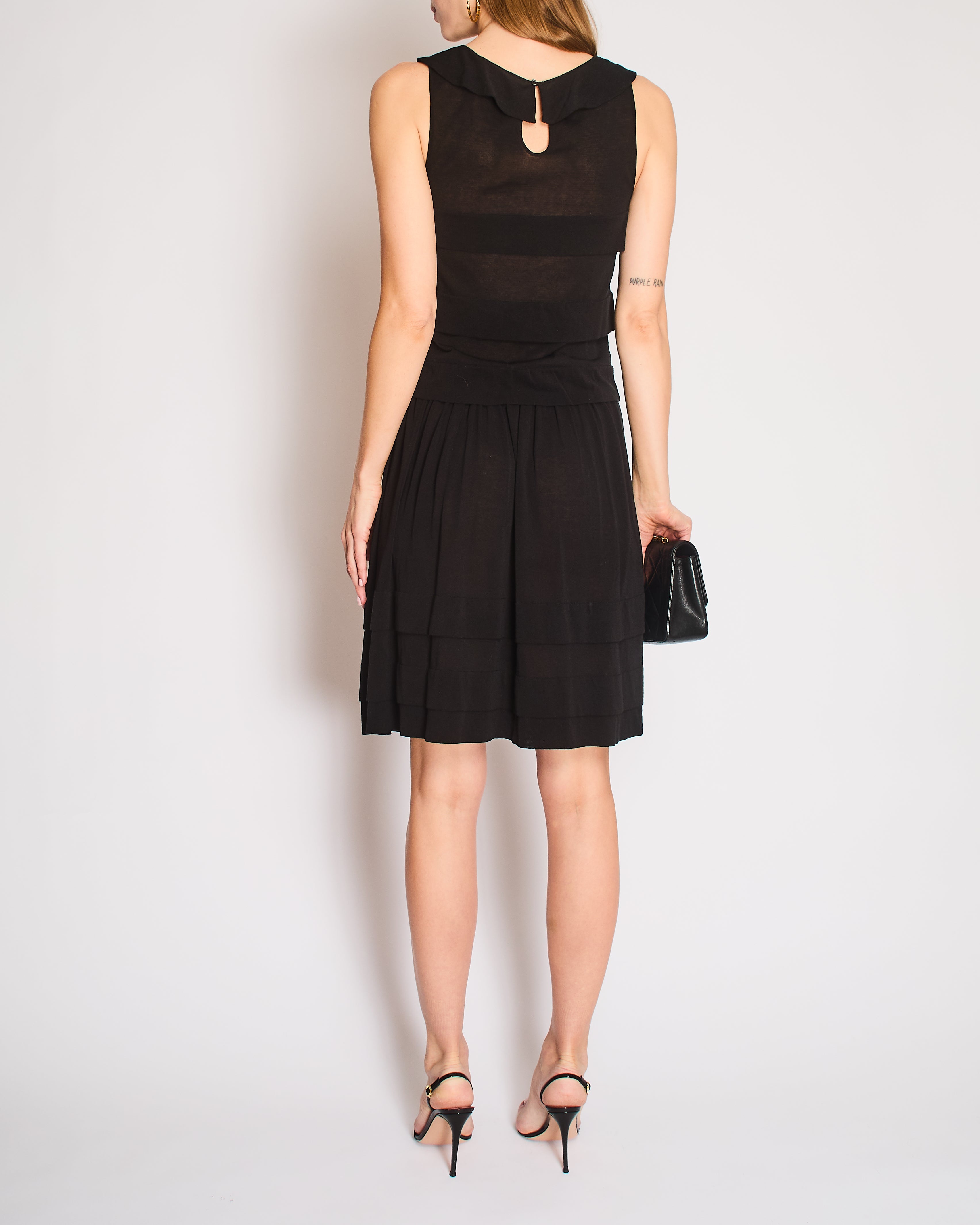 Chanel Vintage 06P Black Sleeveless Tiered Mini Dress with Silver CC Logo Button Detail Size FR 38 (UK 10)