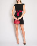 Chanel Black Wool Pleated Mini Dress with Red Sash Belt and Detachable Patent Leather Camellia Brooch with Gold CC Logo Detail Size FR 34 (UK 6)
