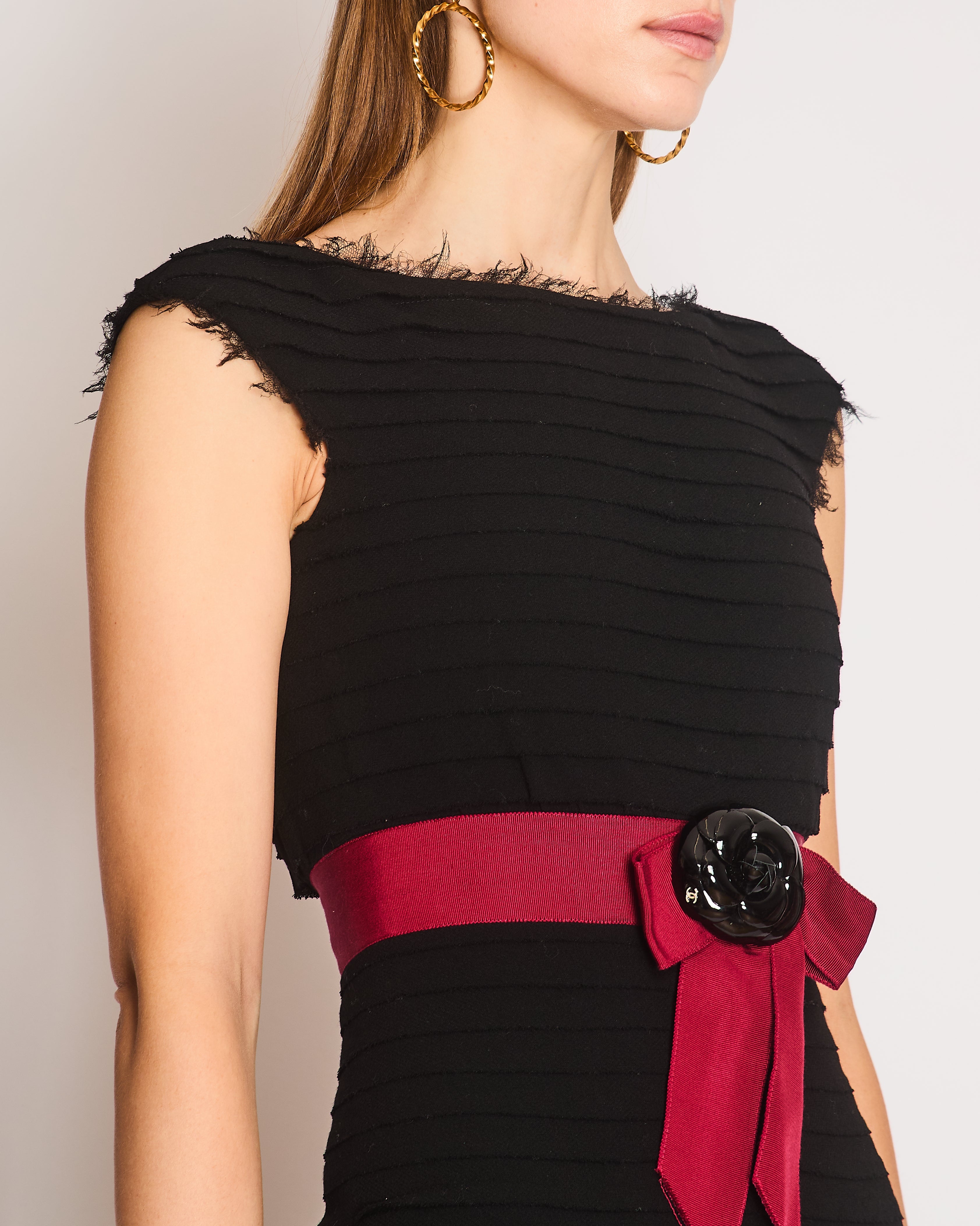 Chanel Black Wool Pleated Mini Dress with Red Sash Belt and Detachable Patent Leather Camellia Brooch with Gold CC Logo Detail Size FR 34 (UK 6)
