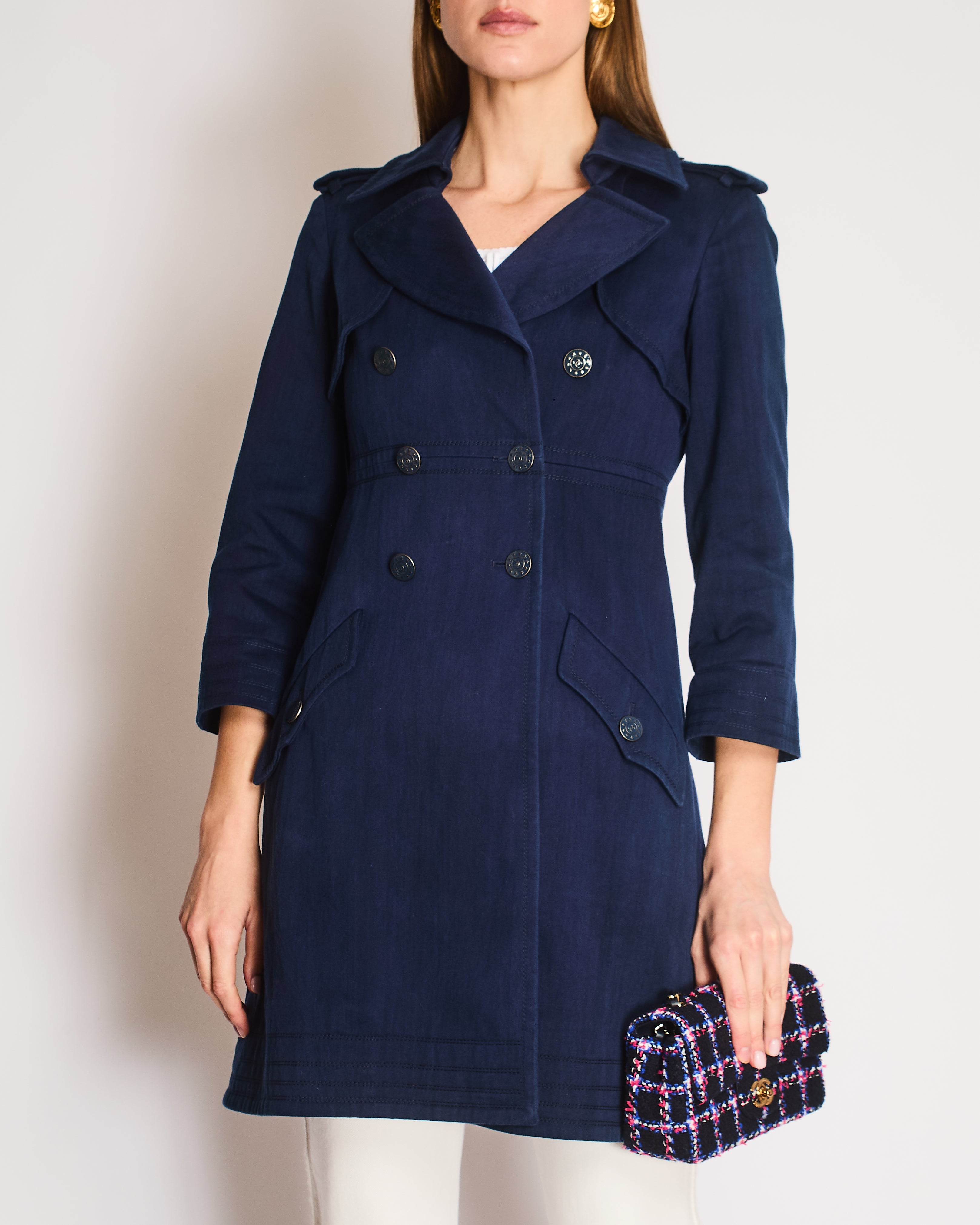 Chanel Indigo Blue Denim Double Breasted Trench Coat with Blue and Silver Star CC Logo Buttons Size FR 36 (UK 8)