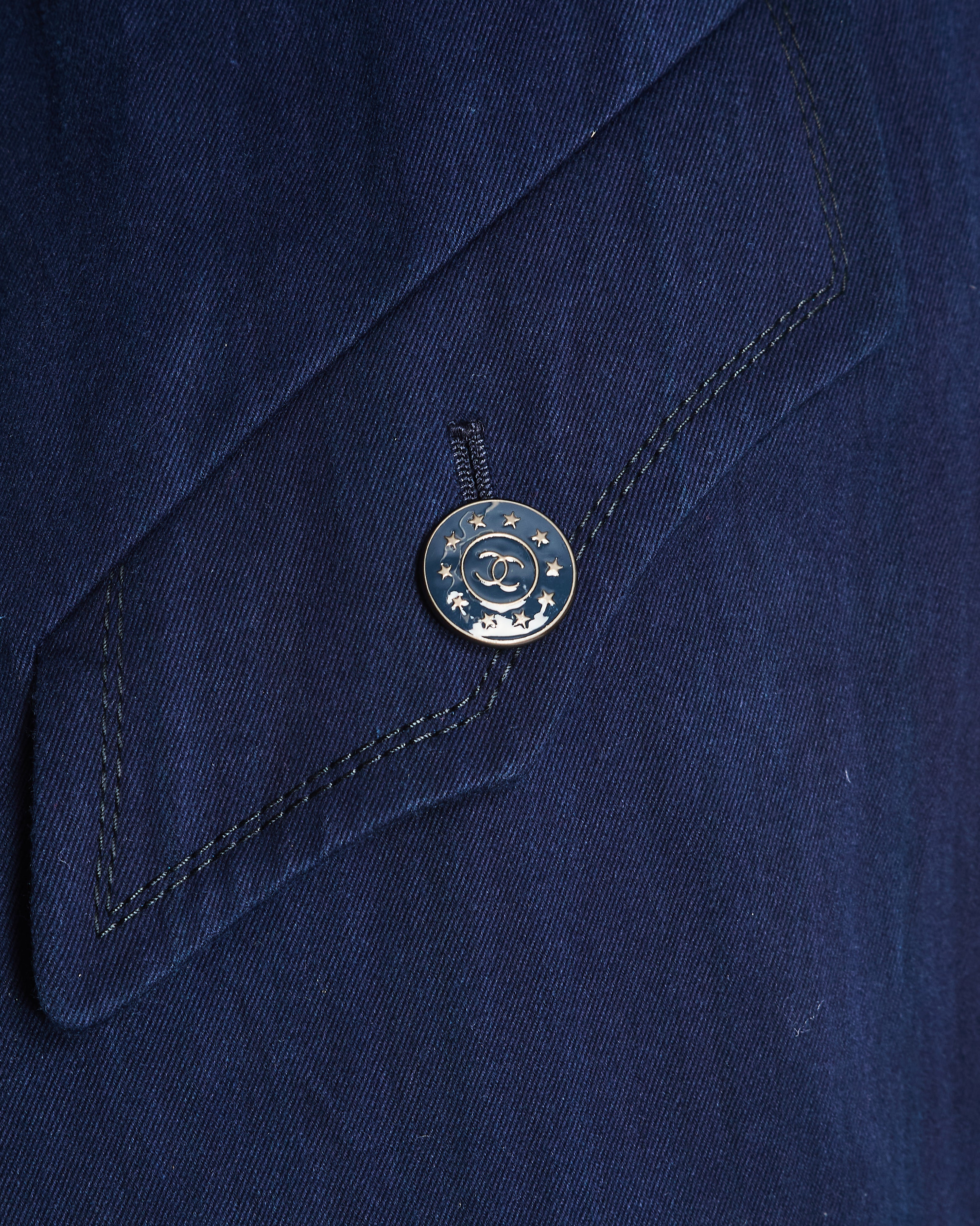 Chanel Indigo Blue Denim Double Breasted Trench Coat with Blue and Silver Star CC Logo Buttons Size FR 36 (UK 8)