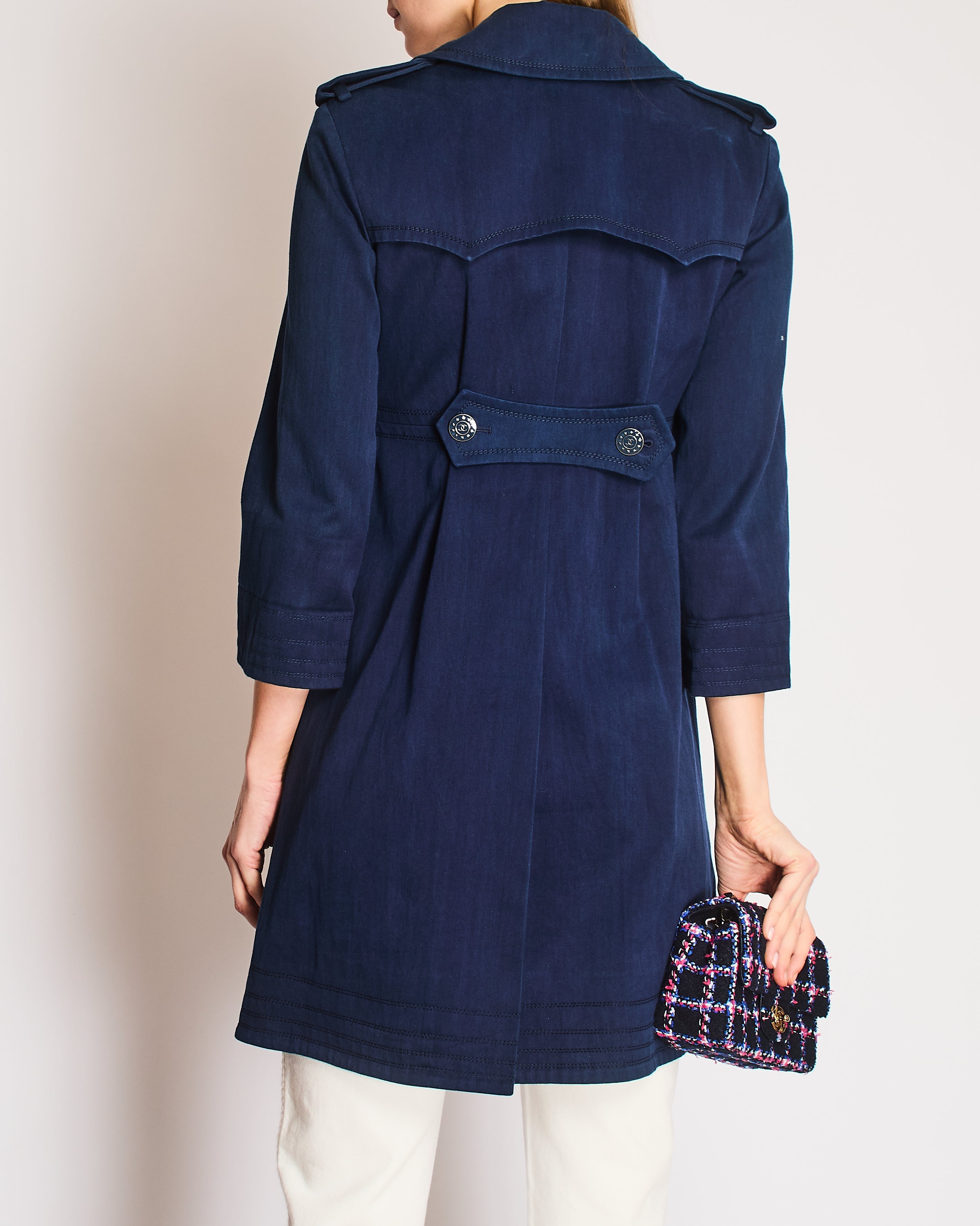 Chanel Indigo Blue Denim Double Breasted Trench Coat with Blue and Silver Star CC Logo Buttons Size FR 36 (UK 8)