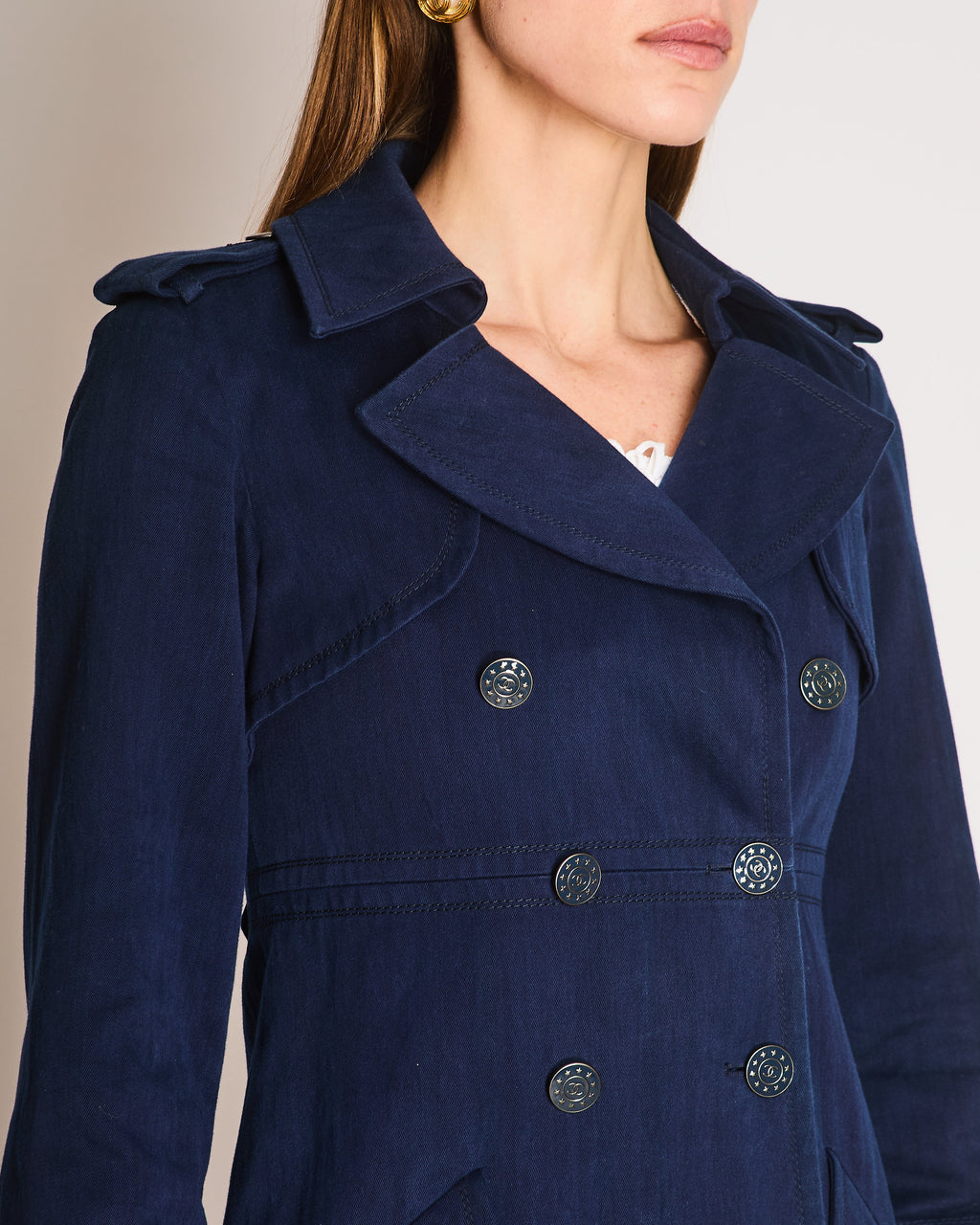 Chanel Indigo Blue Denim Double Breasted Trench Coat with Blue and Silver Star CC Logo Buttons Size FR 36 (UK 8)