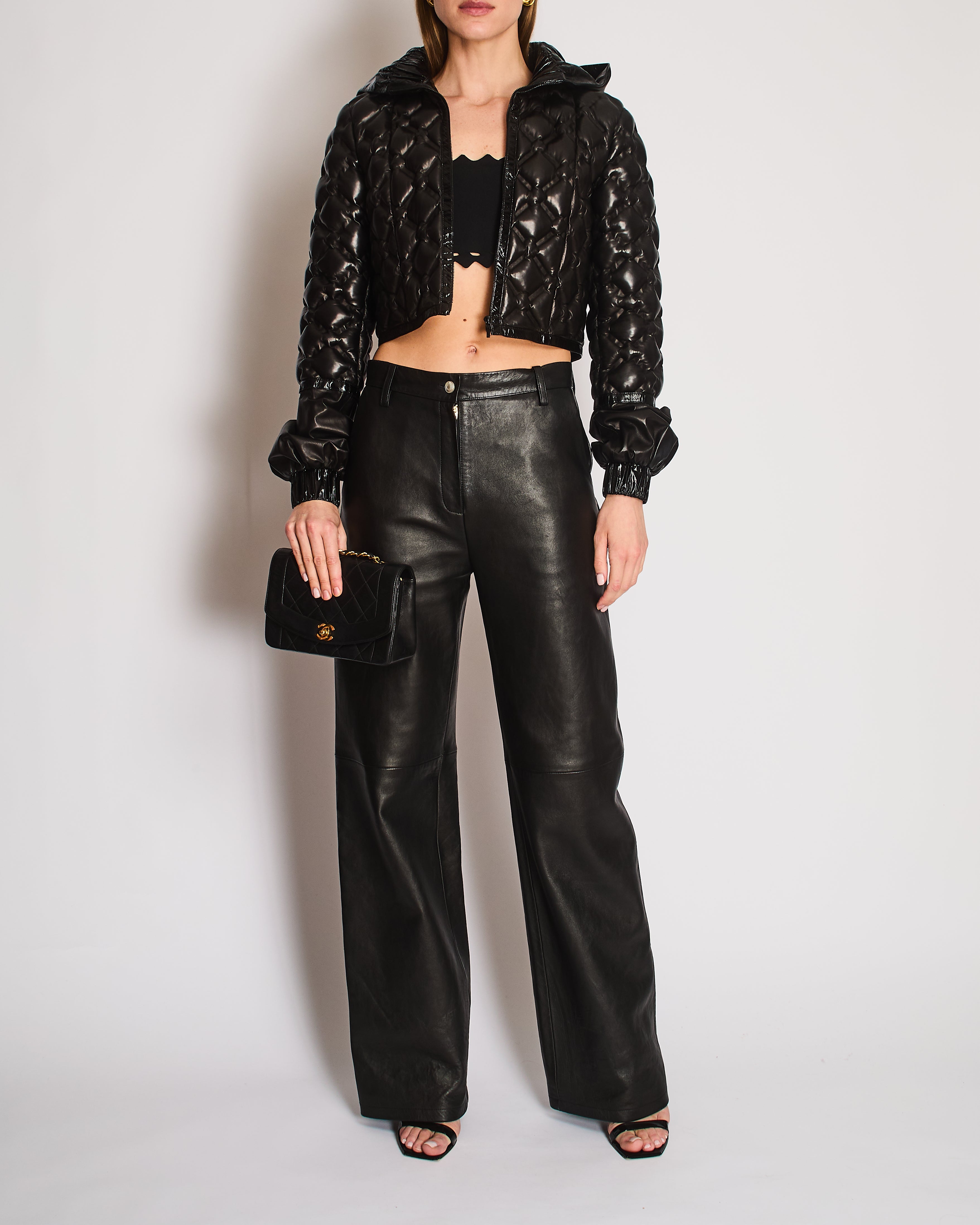 Chanel Fall/Winter 2016 Collection Black Lambskin Cropped Hooded Puffer Jacket with Patent Detailing Size 40 (UK 12)
